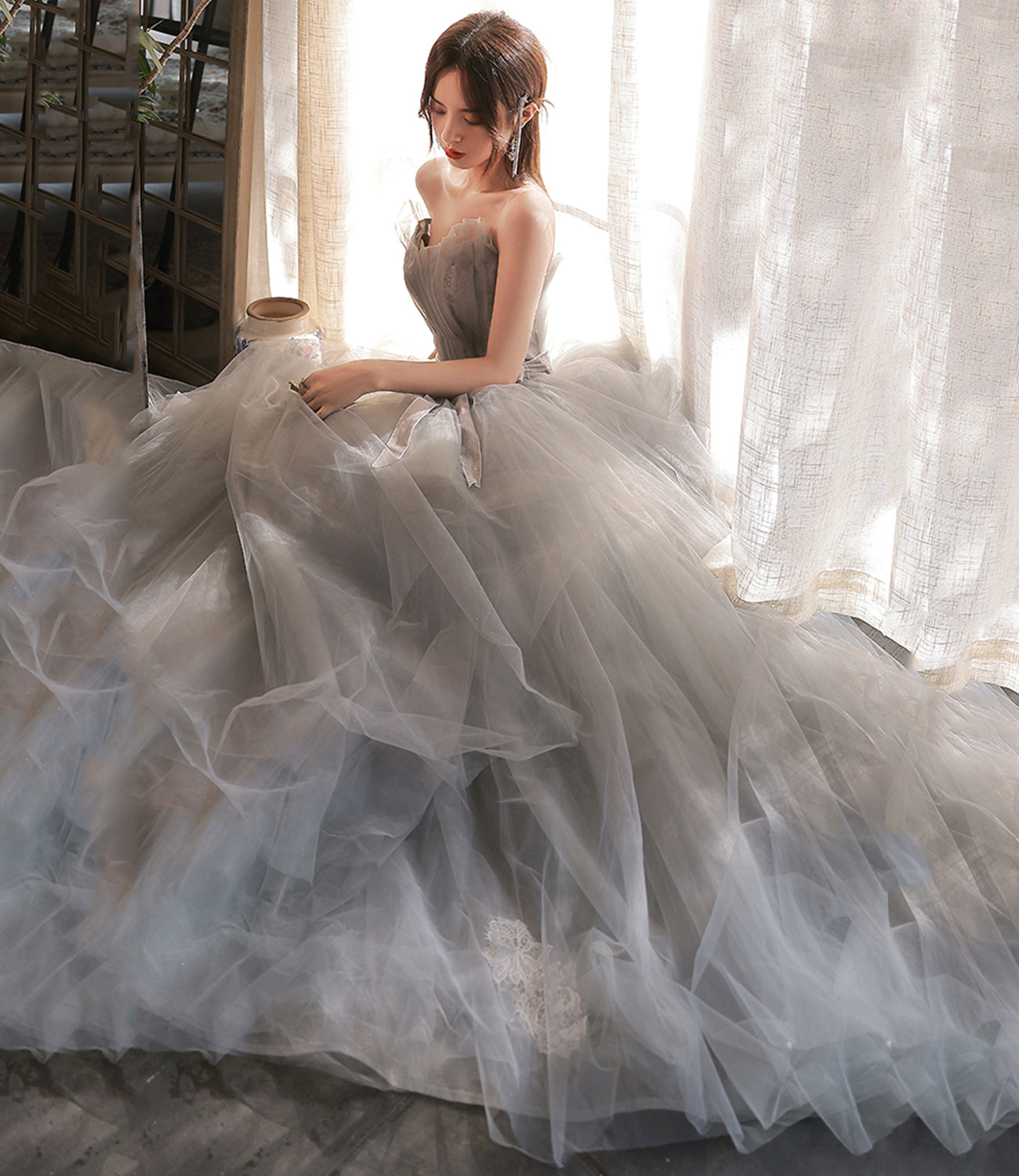 Gray tulle lace long prom dress A line evening gown 10131