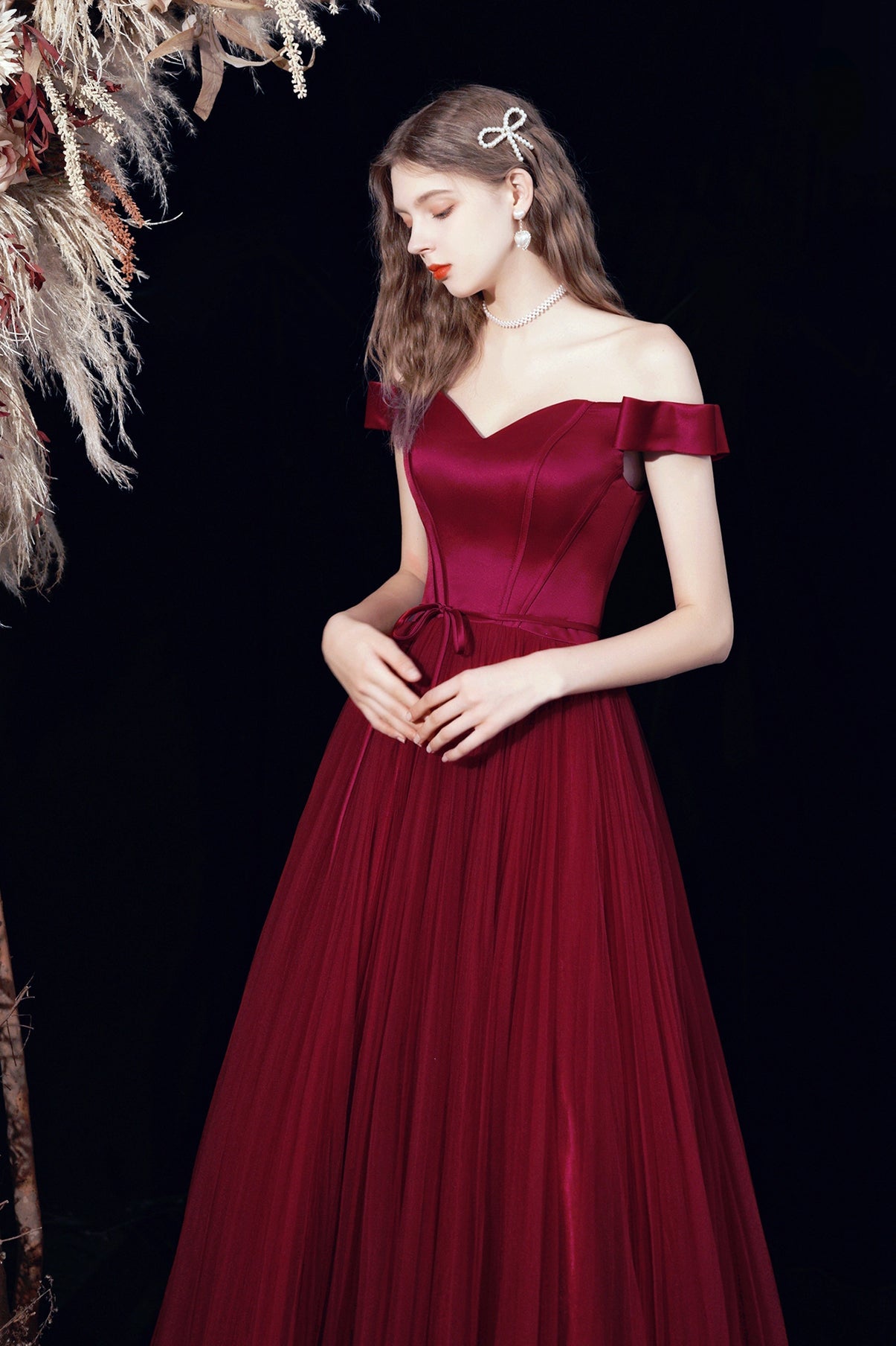 Burgundy tulle long A line prom dress evening dress 8678