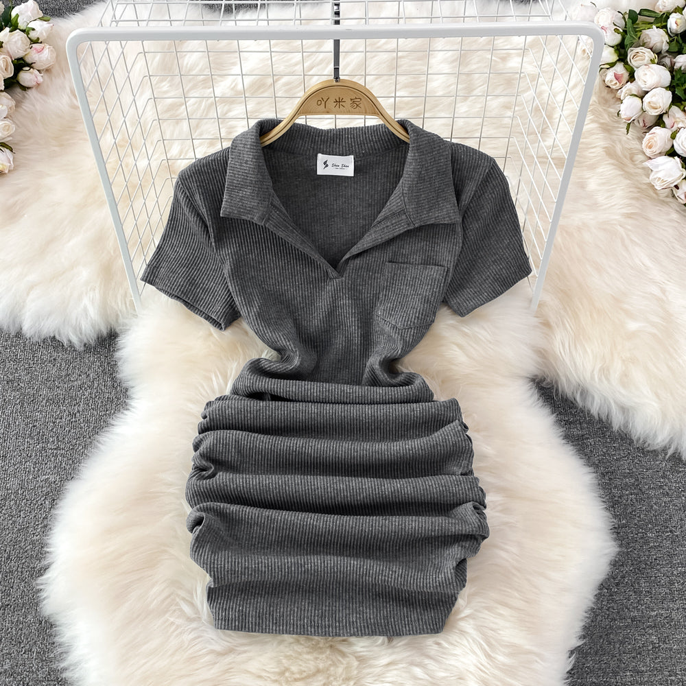 Slim and sexy polo collar, careful machine wrapped hip skirt 11138