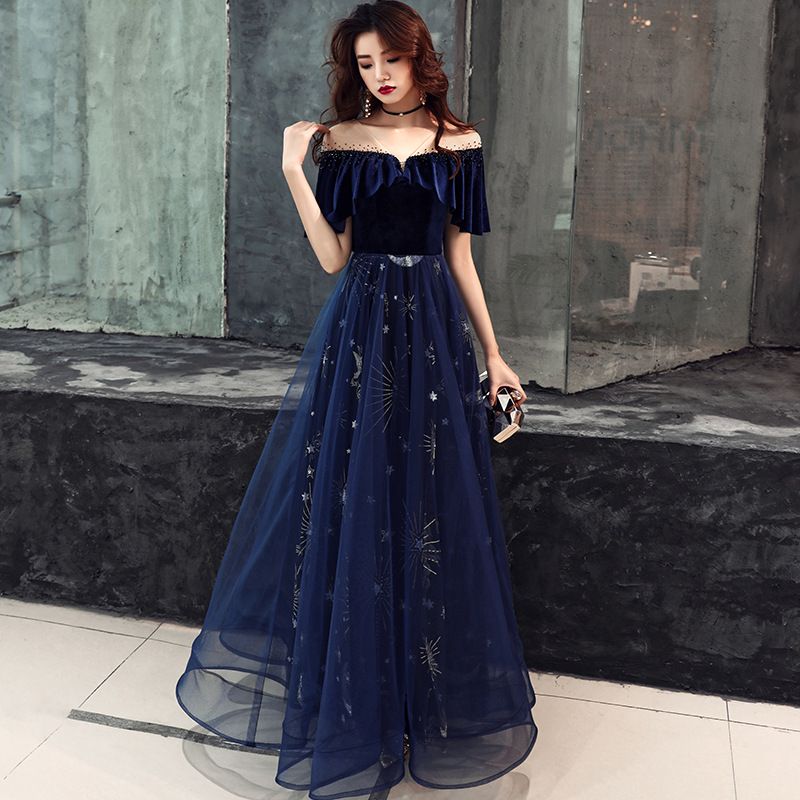 Blue velvet tulle prom dress A line evening dress 8480