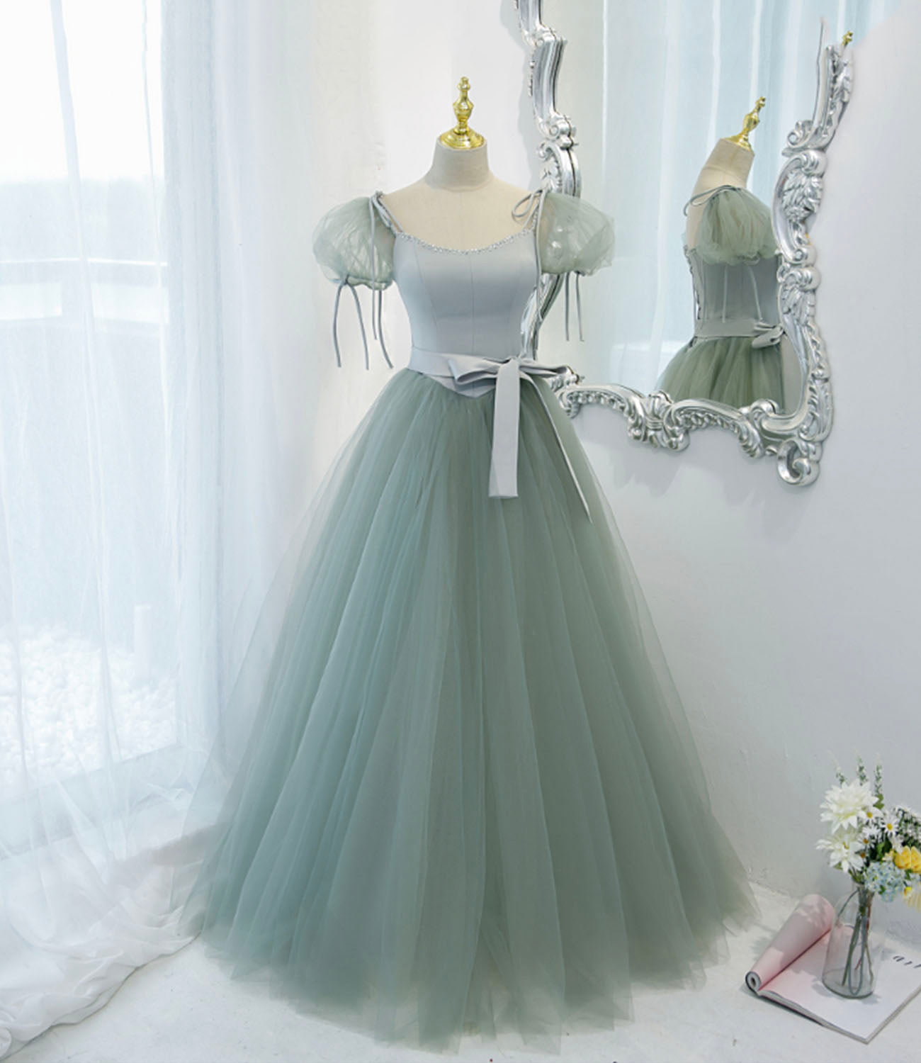Green satin tulle long prom dress A line evening dress 10445