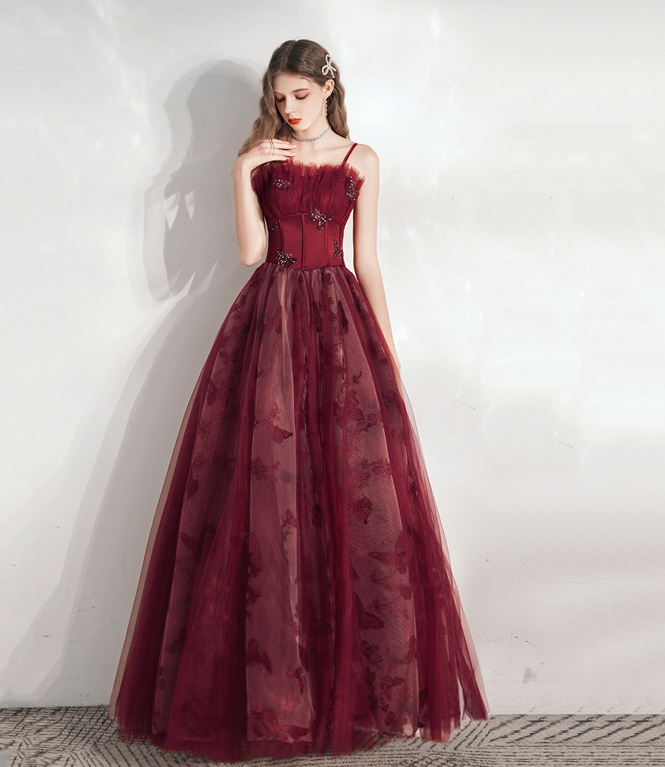 Burgundy tulle long prom dress A line evening gown 10374
