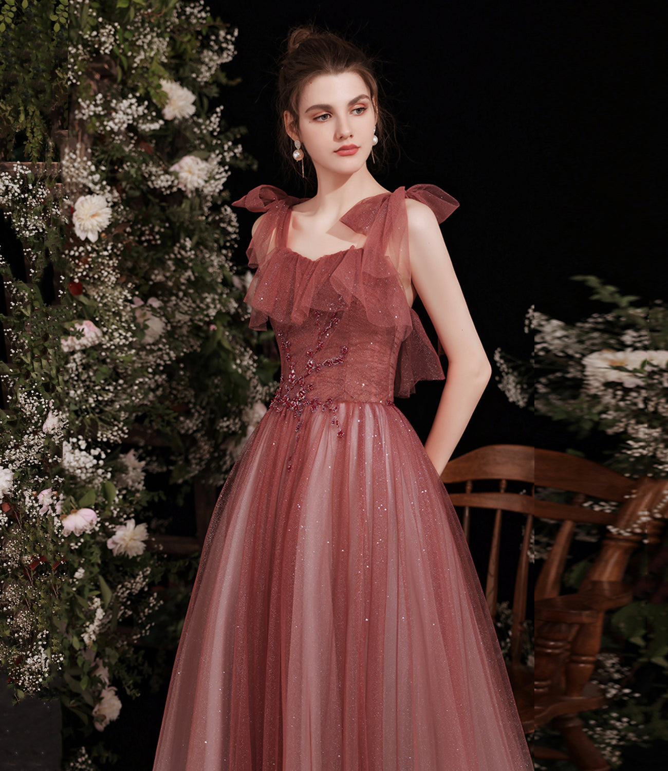 Burgundy tulle long A line prom dress evening dress 8798