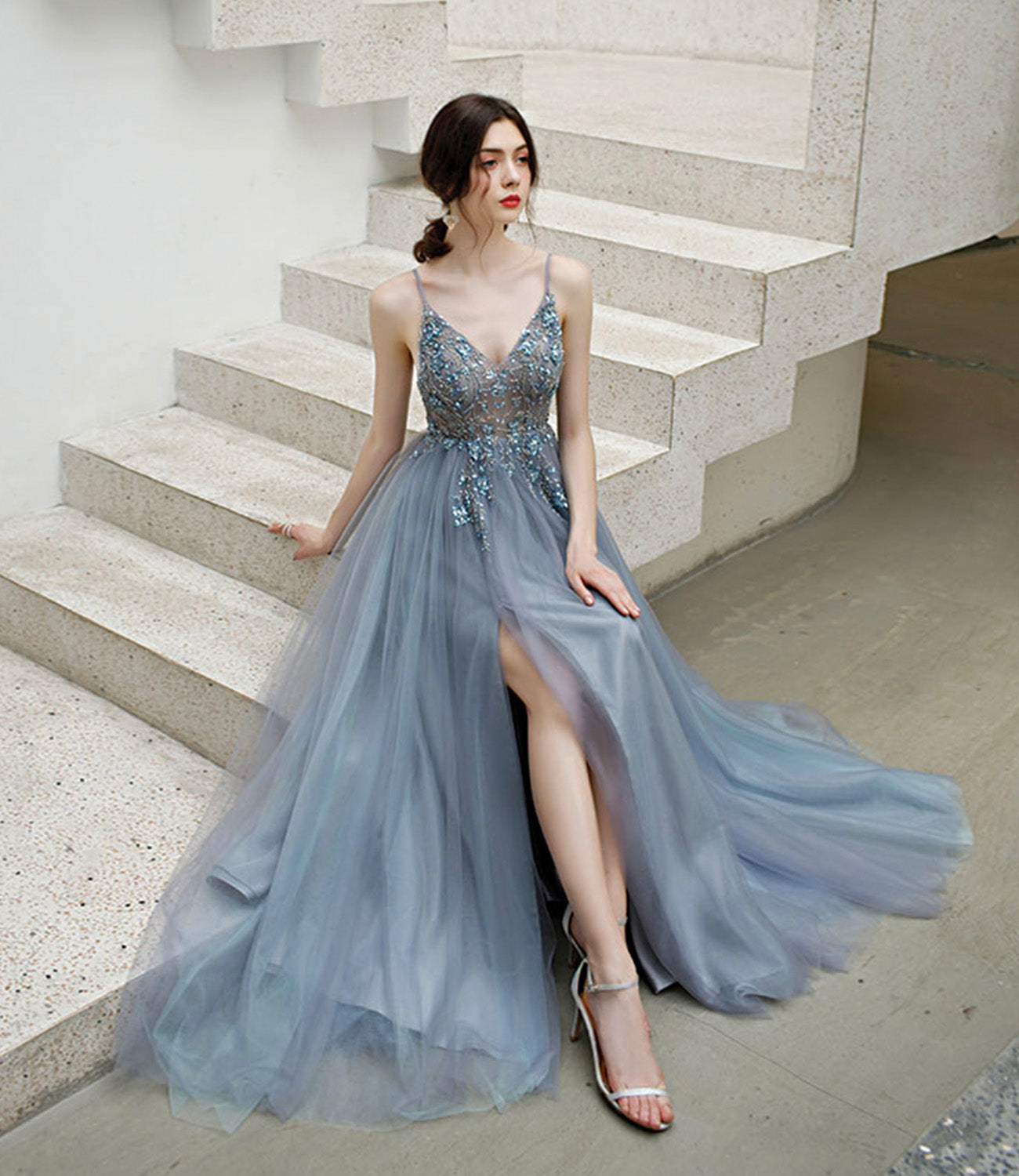 Gray tulle beads long prom dress A line evening dress 10579