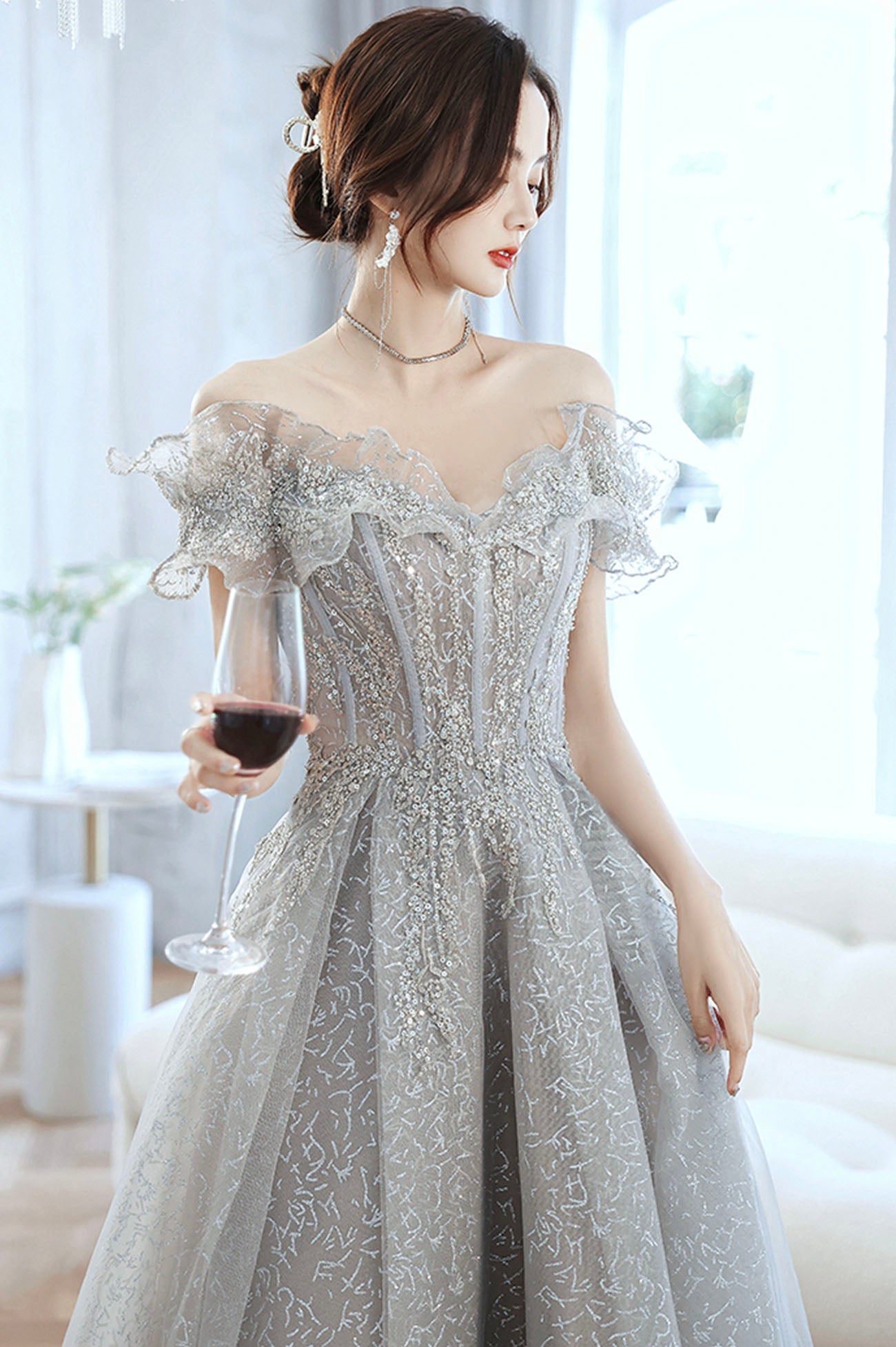 Gray tulle beads long prom dress gray evening gown 10170