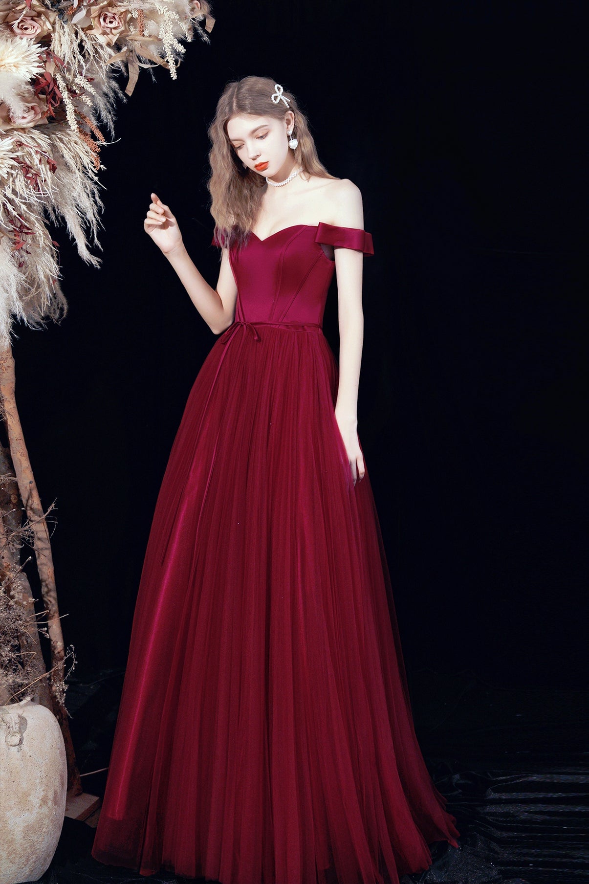 Burgundy tulle long A line prom dress evening dress 8678