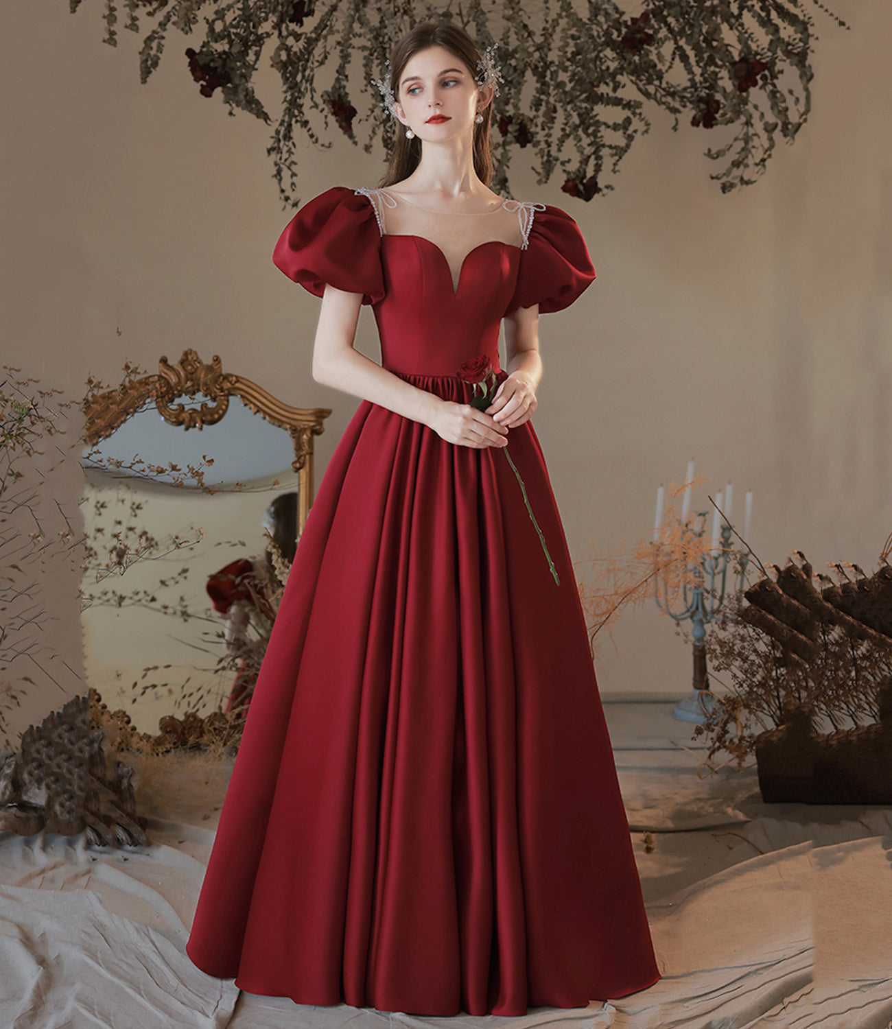 Burgundy satin long prom dress evening dress 10473