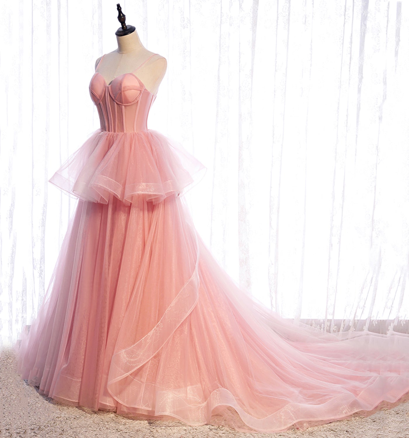 Pink tulle long prom dress A line evening gown 10012