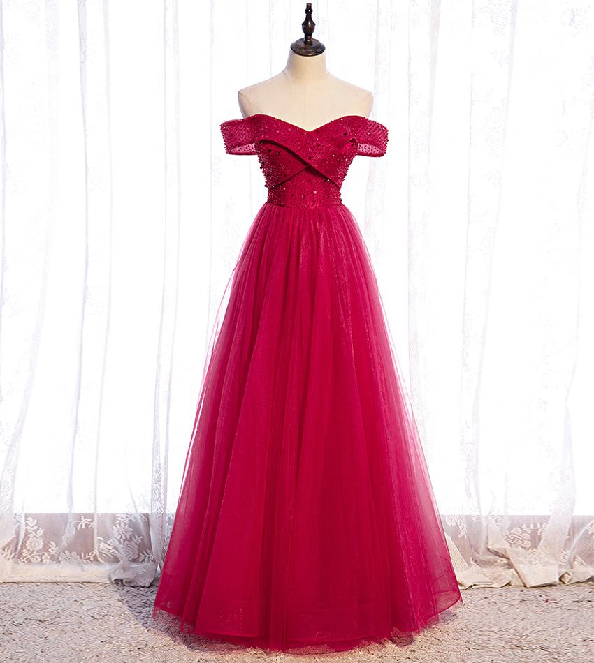 Red tulle beads long prom dress red evening dress 8427