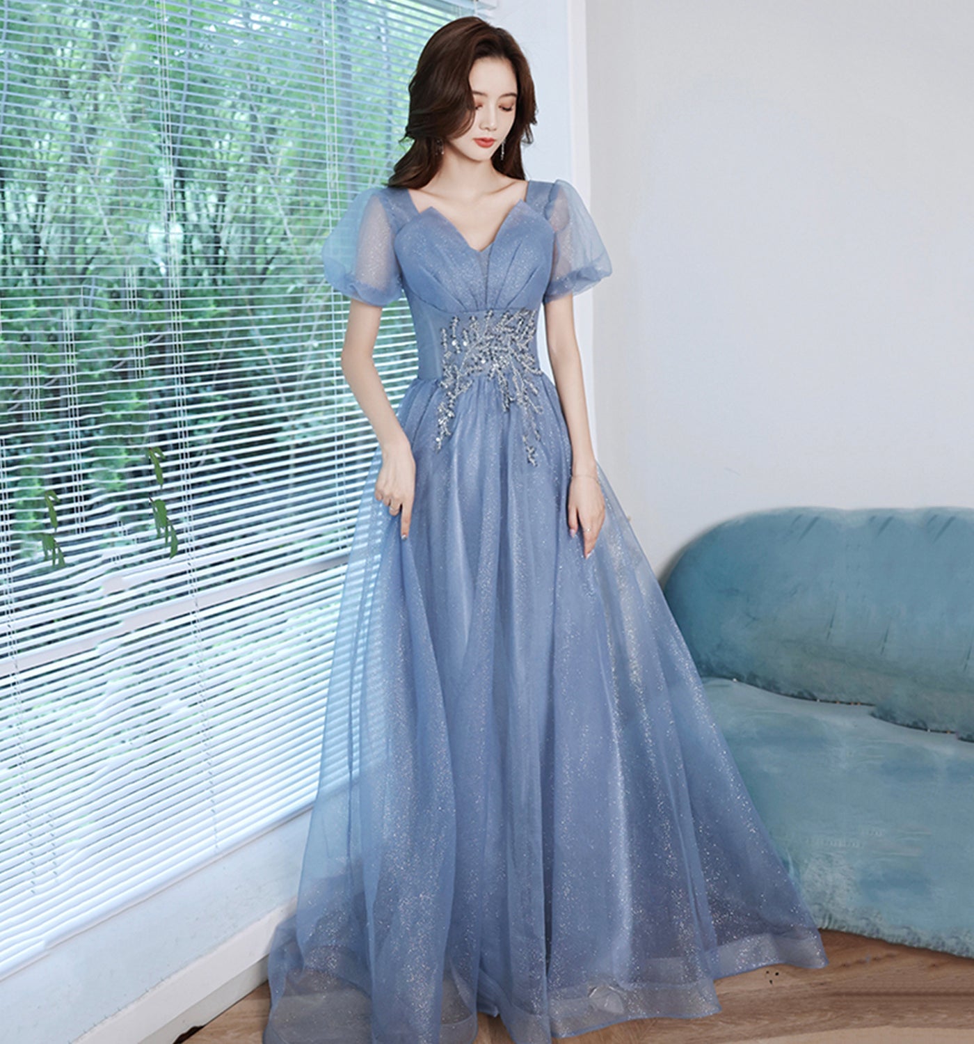 Blue tulle sequins long prom dress A line evening gown 10013