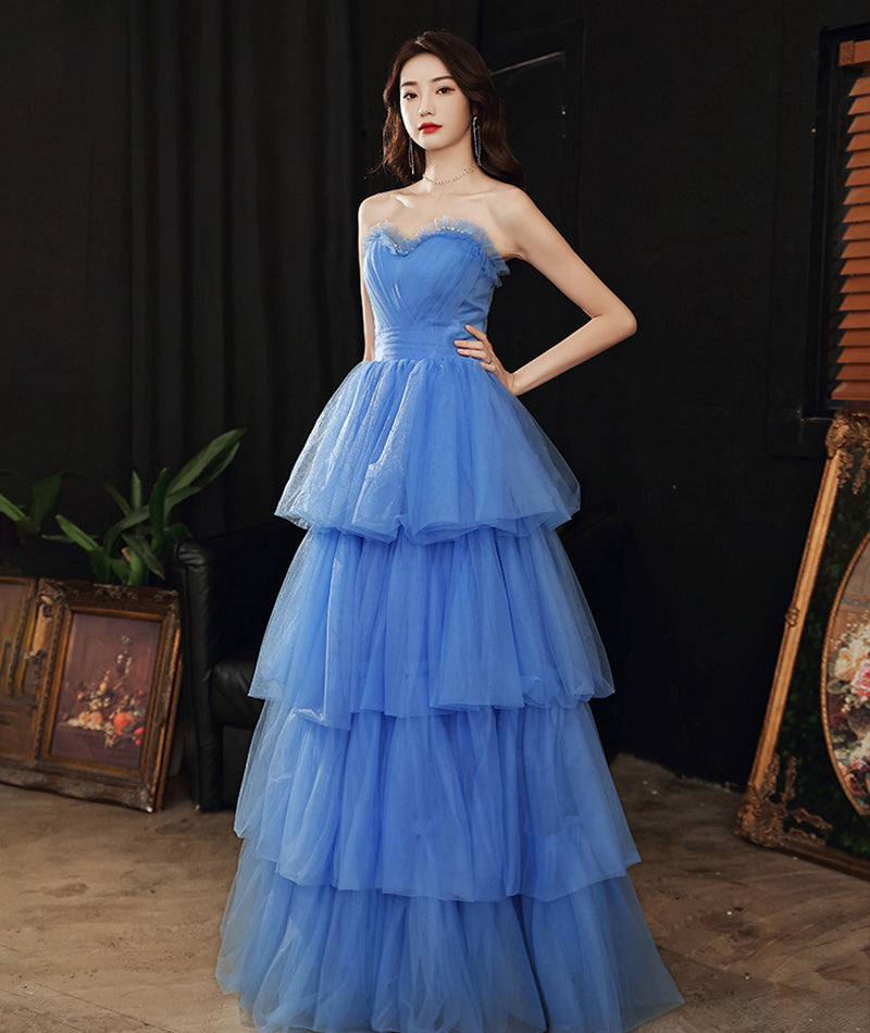 Blue tulle long prom dress blue evening dress 8522