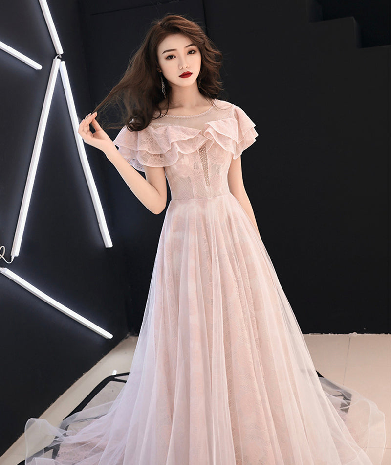 Pink lace tulle long prom dress pink evening dress 8372