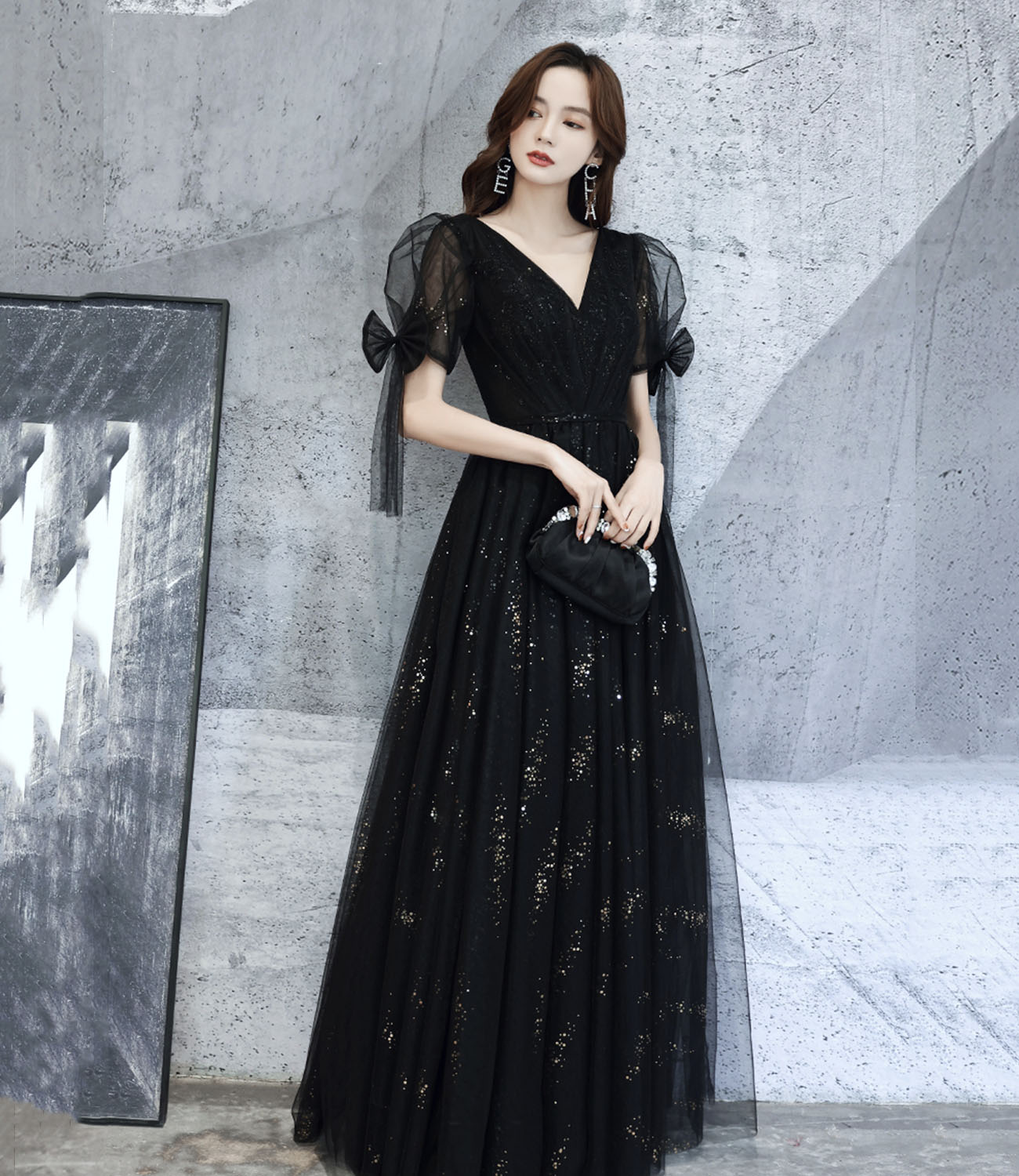 Black v neck tulle long prom dress A line evening dress 10318