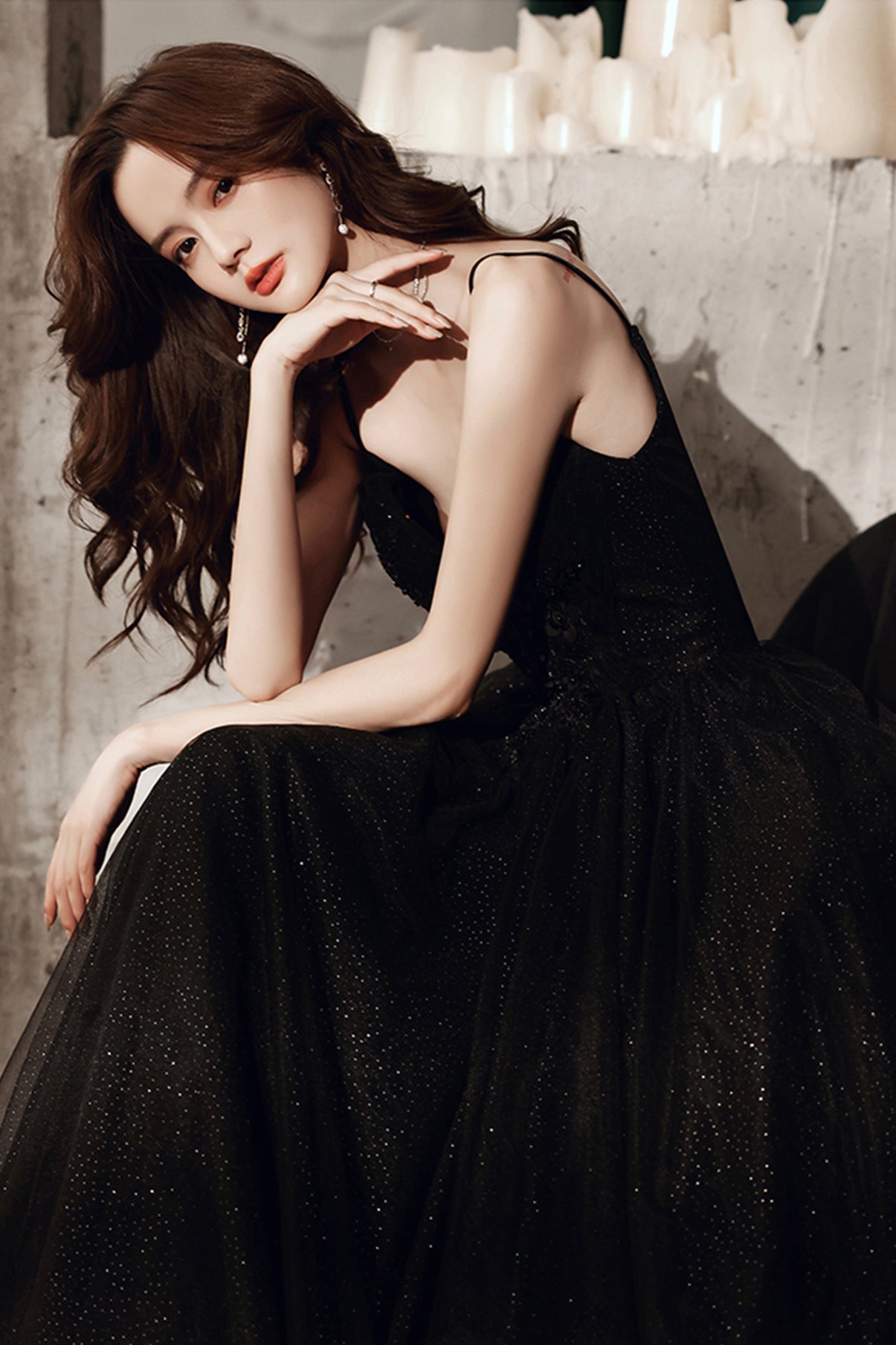 Black tulle long A line prom dress evening dress 8664