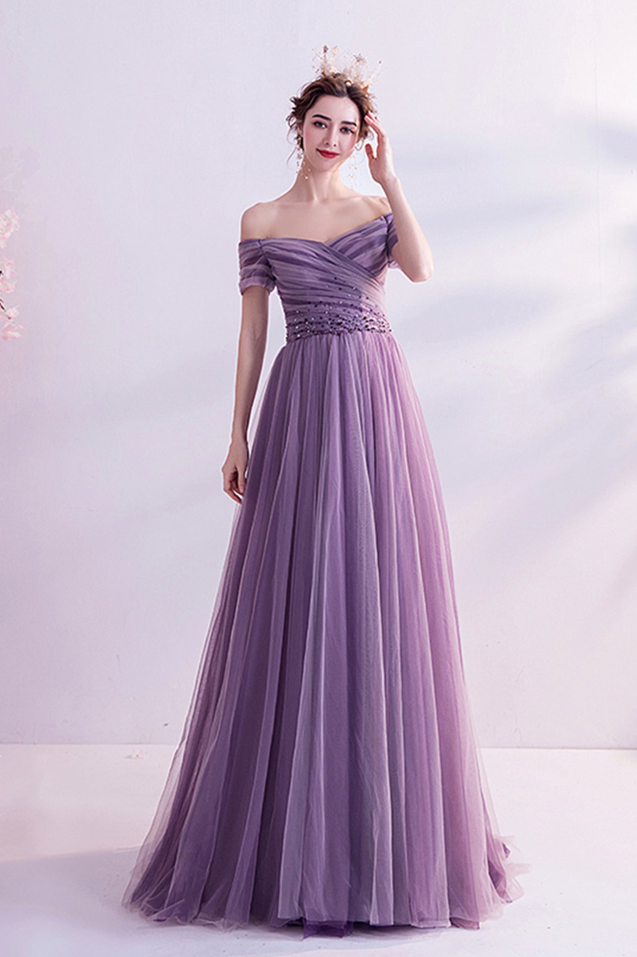 Purple tulle long prom dress A line evening dress 8562