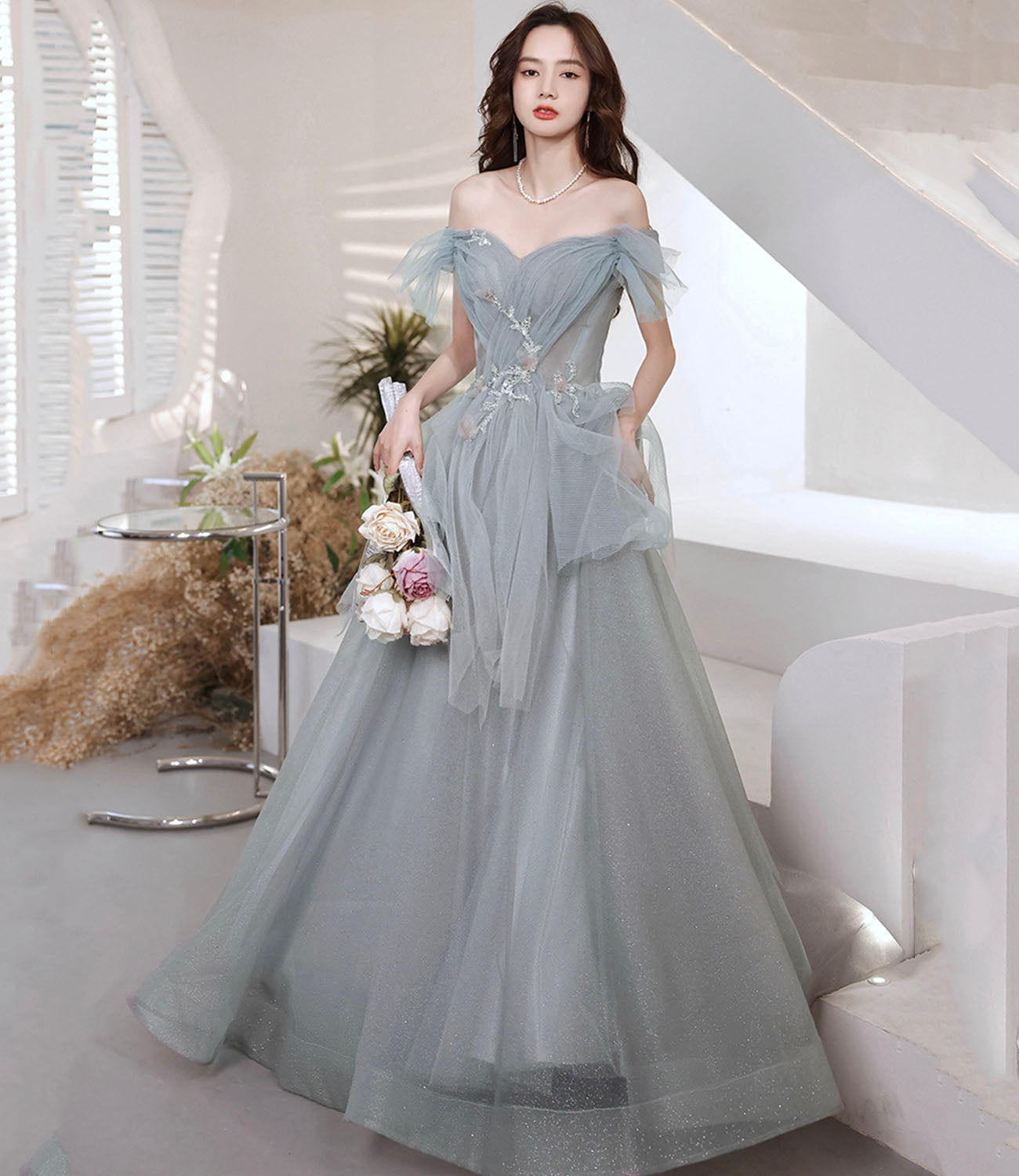 Gray tulle sequins long prom dress A line evening dress 10646