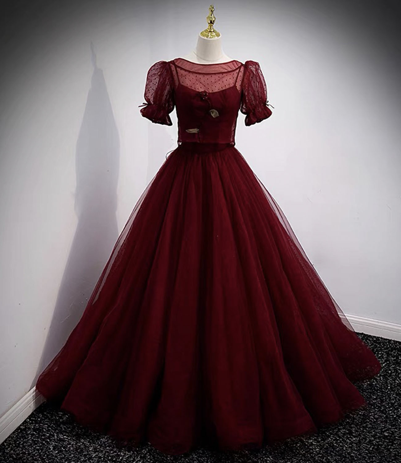 Burgundy tulle long prom dress two pieces evening dress 10328