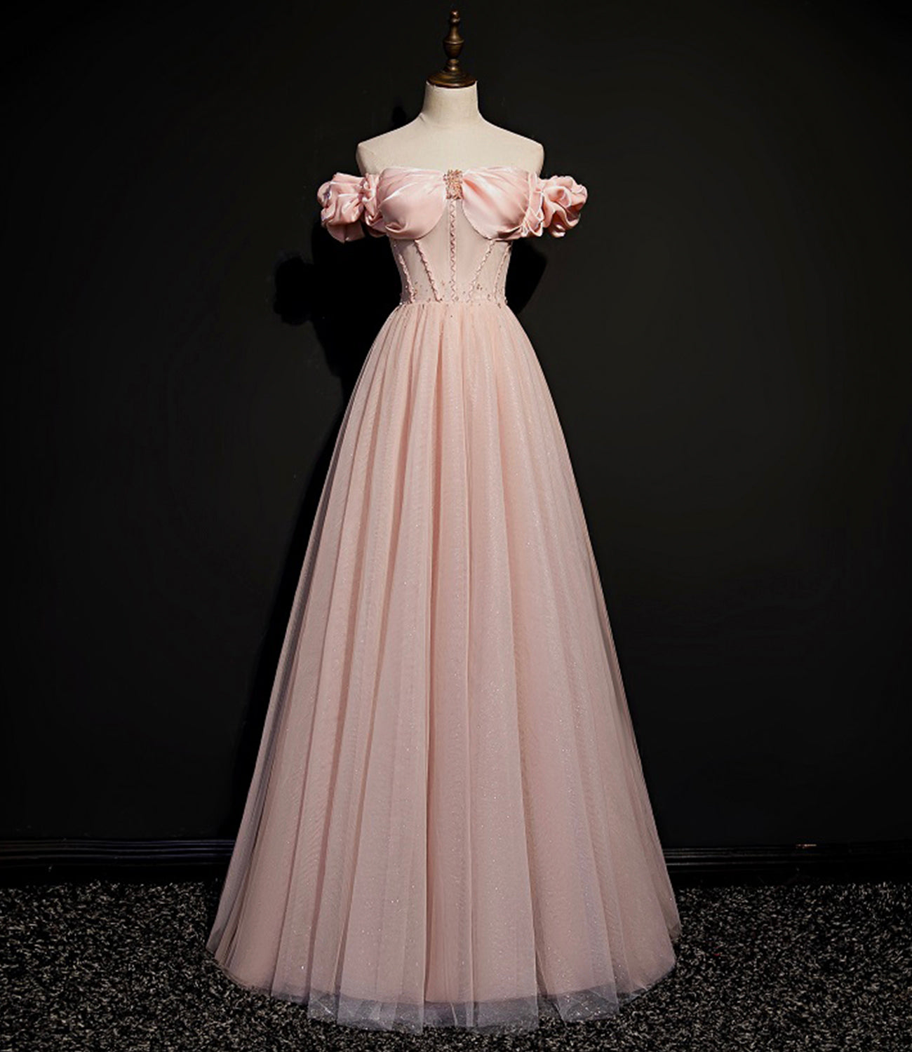 Pink tulle long A line prom dress pink evening dress 8693