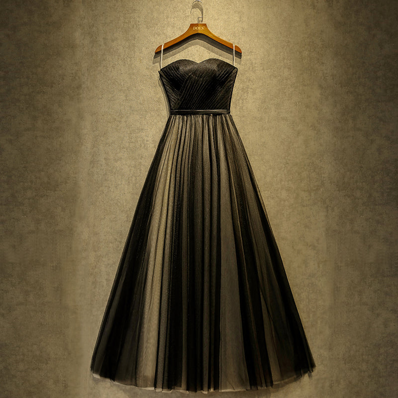 Black sweetheart neck tulle long prom dress, black evening dress 7926