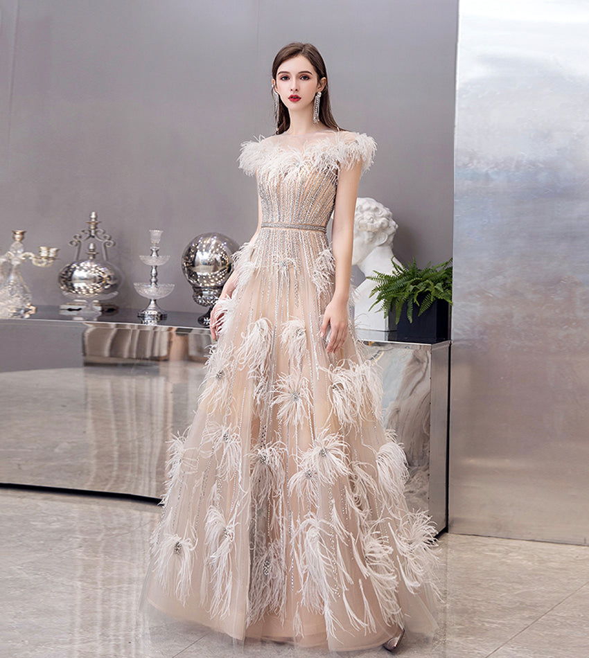 Unique tulle beads long prom dress evening dress 8524