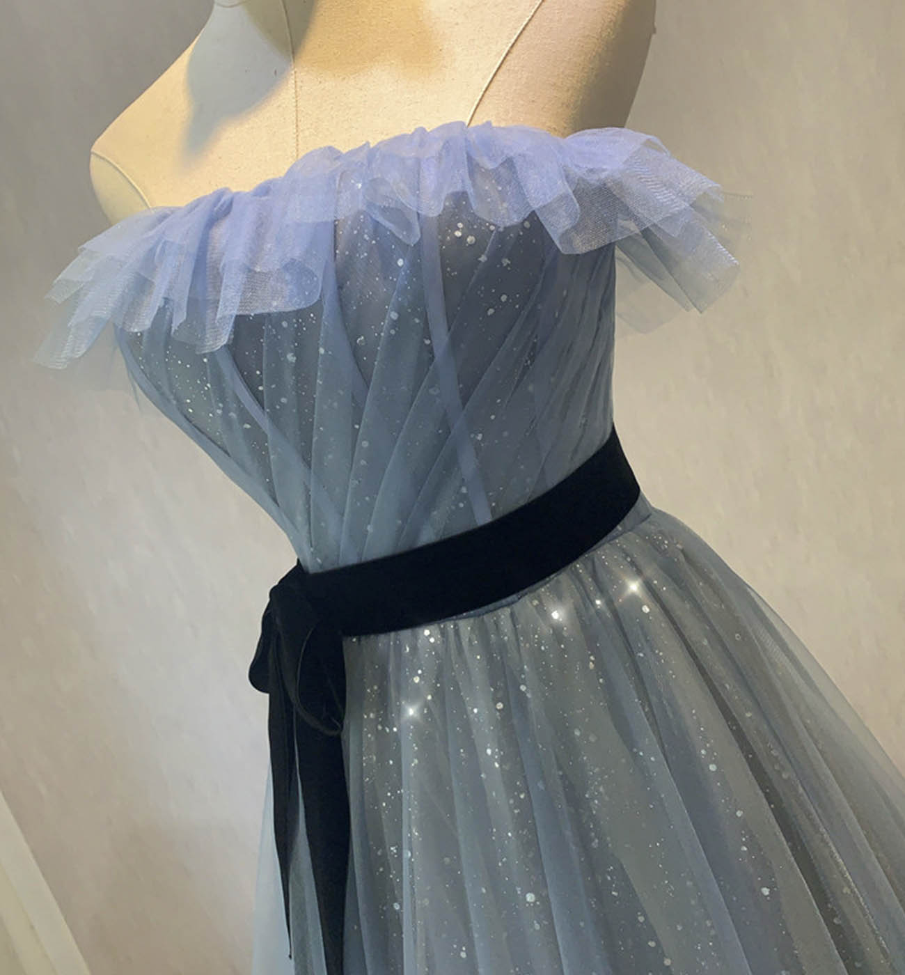 Blue tulle long prom dress blue evening dress 8607