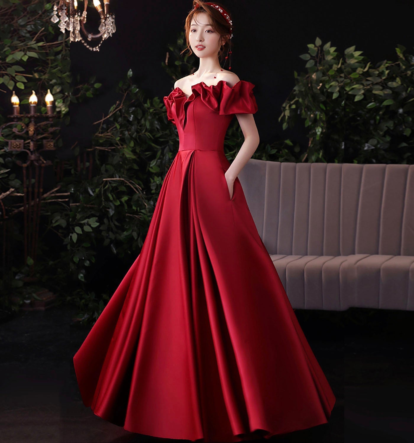 Burgundy satin long prom dress evening dress 8971