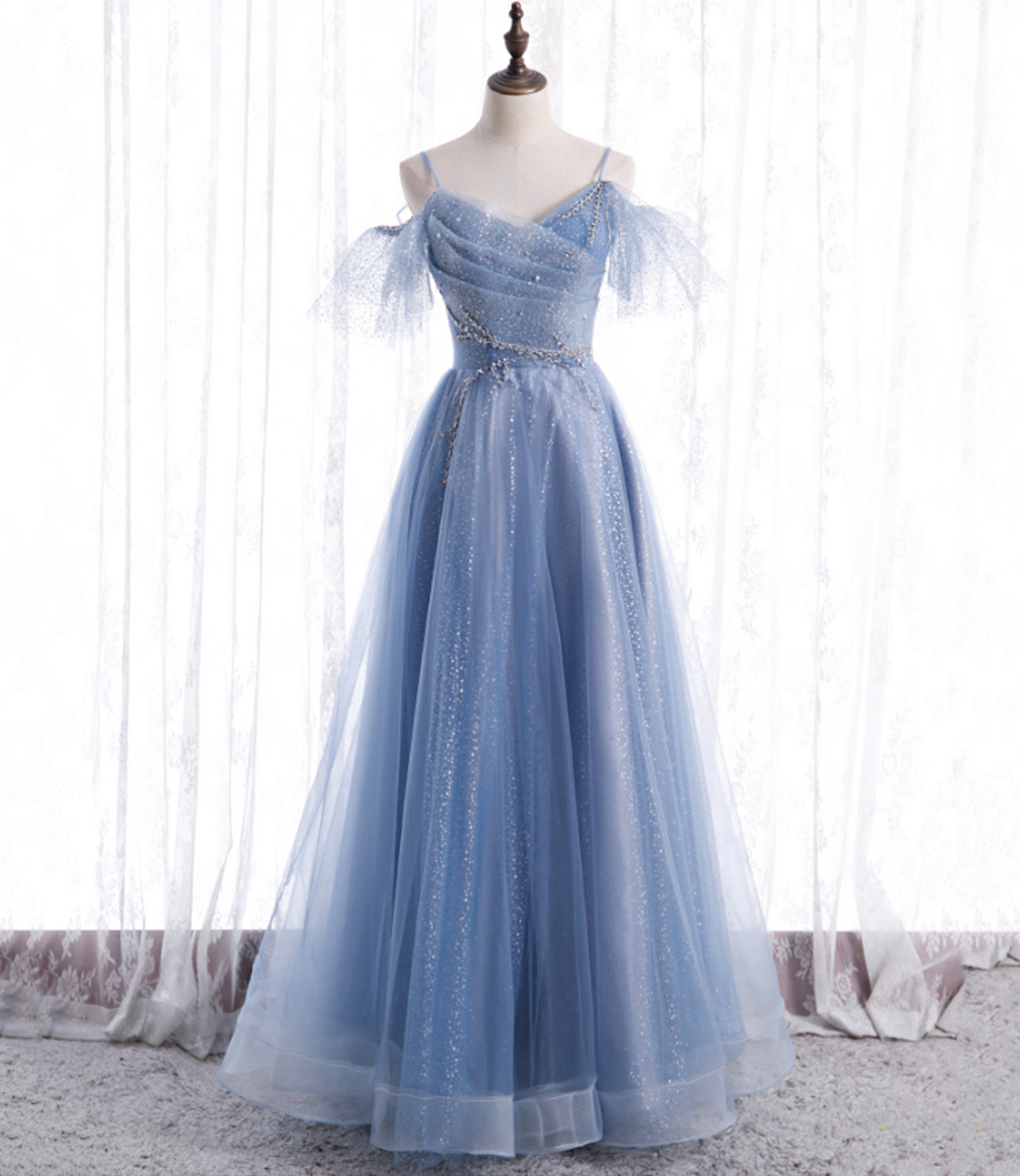 Blue tulle long A line prom dress fashion dress 8763