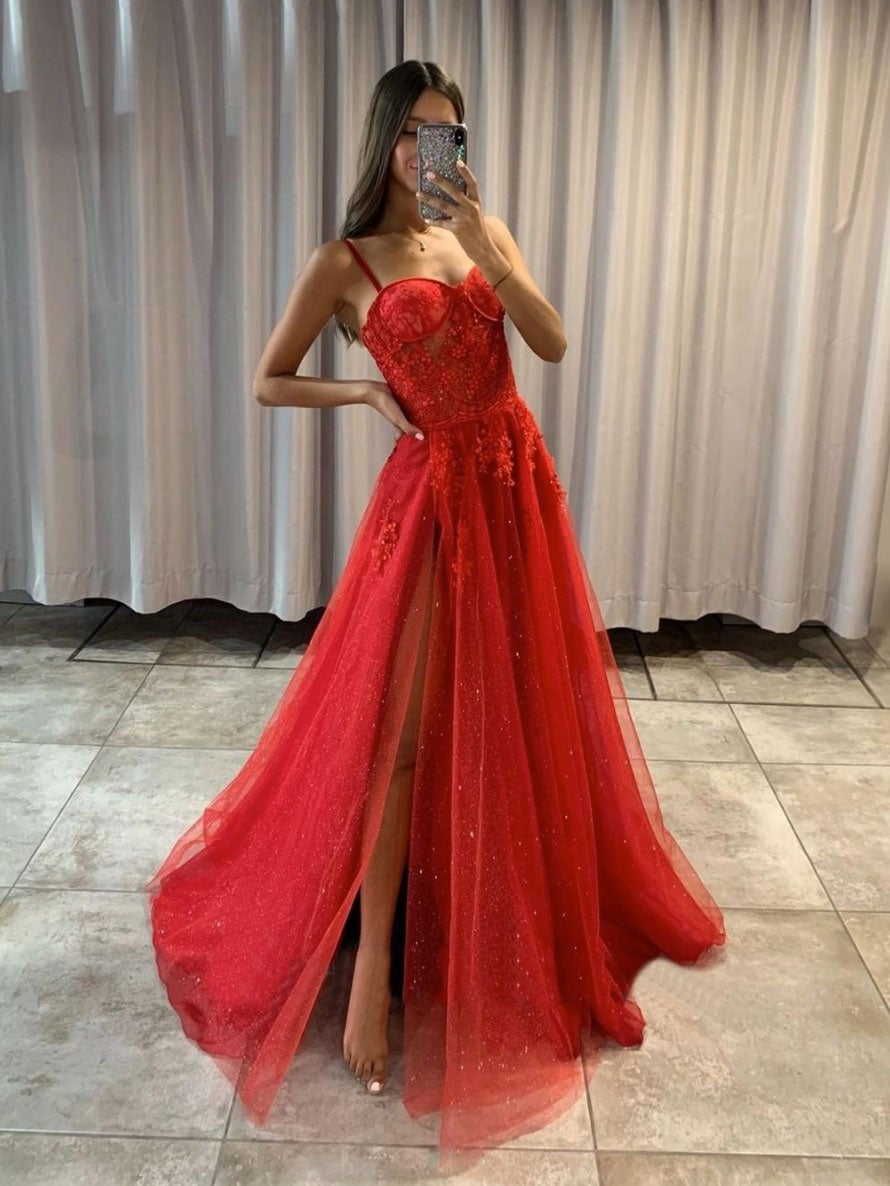 Vestido de fiesta largo de tul rojo con escote en forma de corazón y encaje, vestido de noche largo de tul rojo