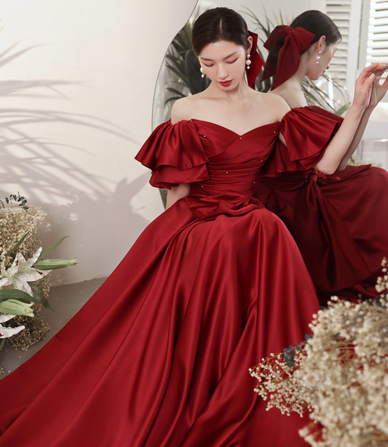 Burgundy satin long prom dress A line evening dress 10601