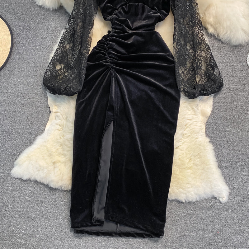 Black V Neck Velvet Dress Long Sleeve Dress 10925