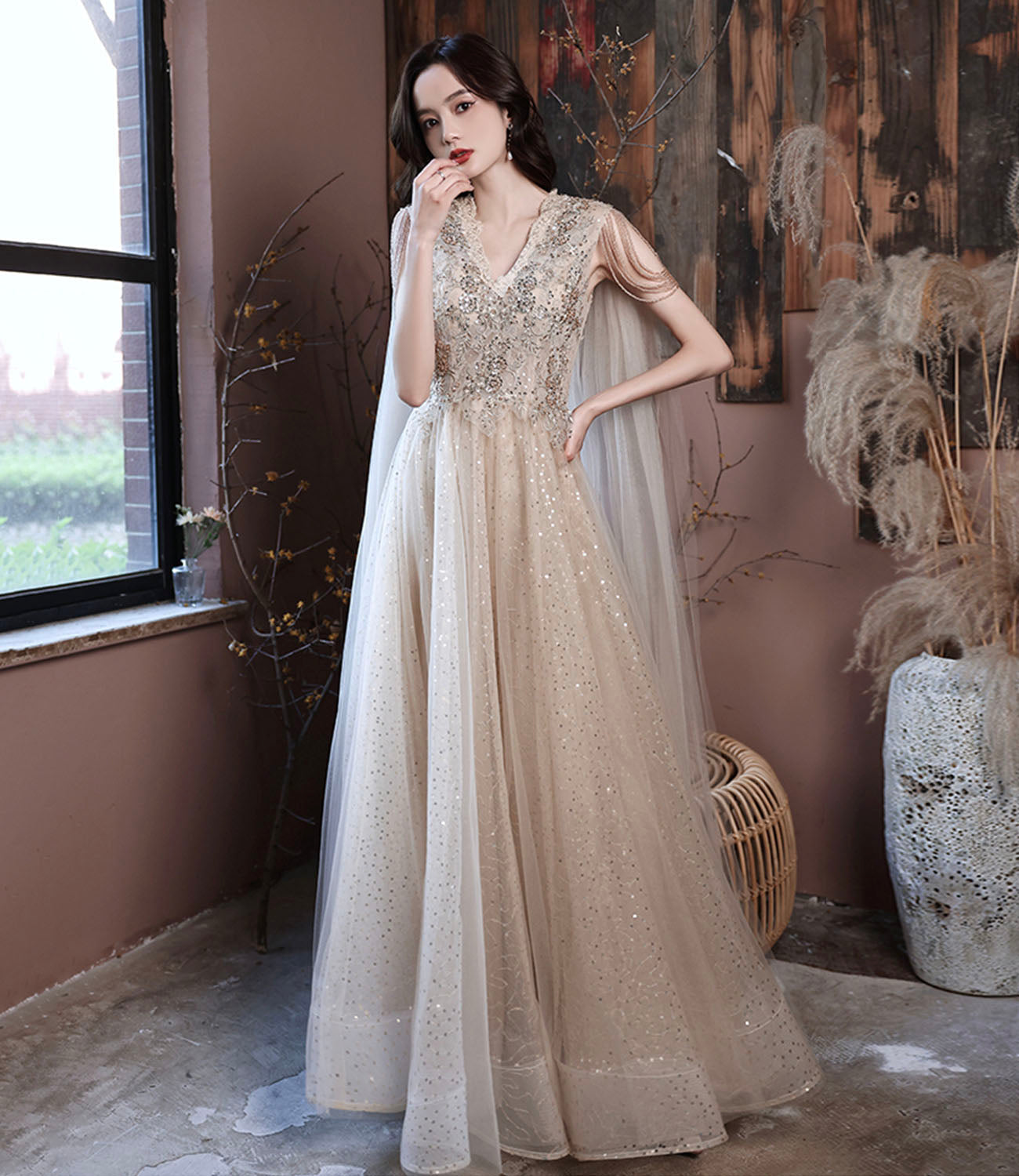 Champagne tulle sequins long prom dress evening dress 10605