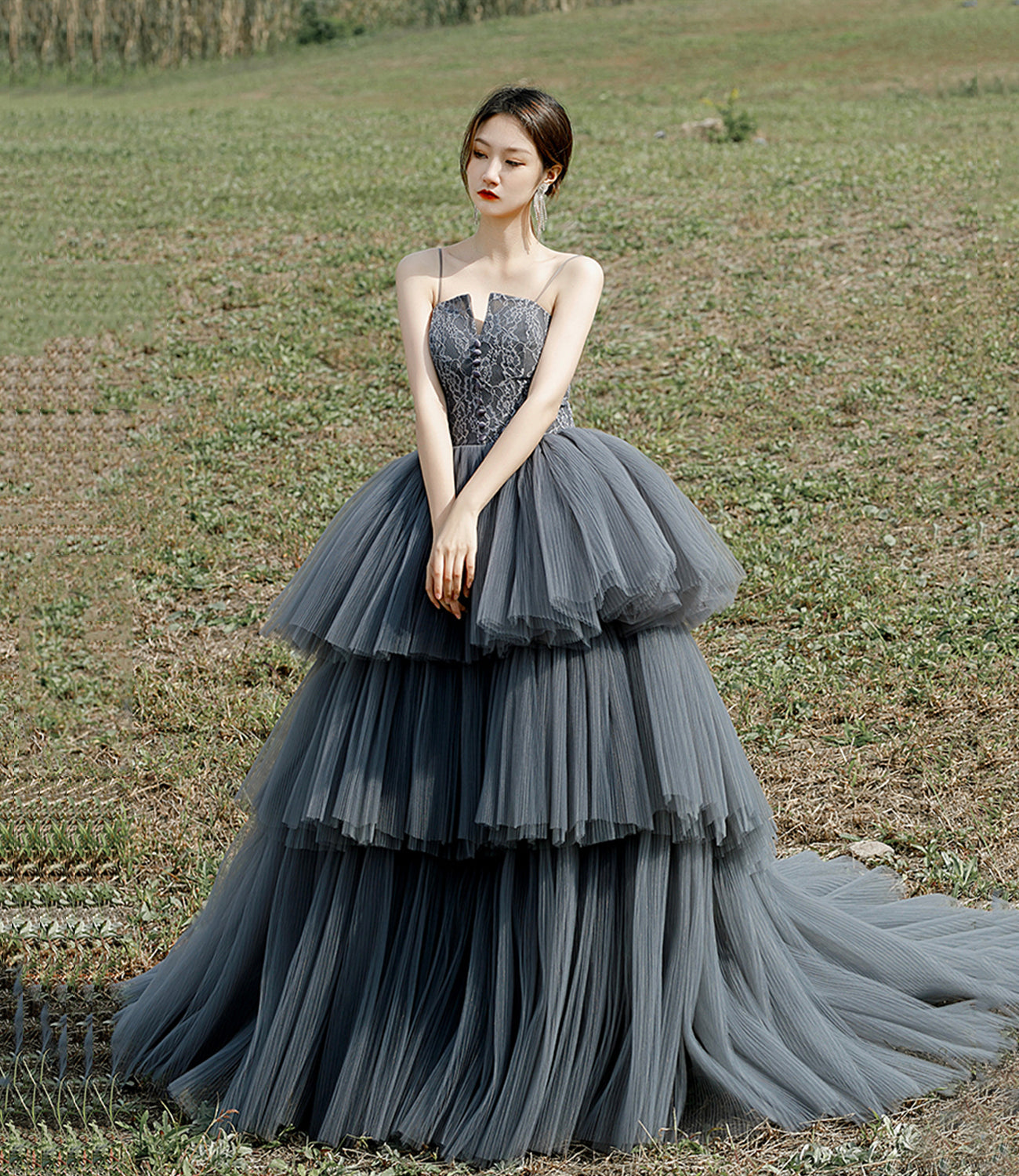Gray tulle lace long ball gown dress formal dress 10306