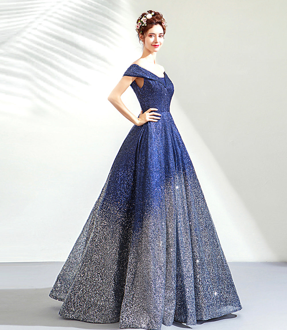 Blue sequins long ball gown dress blue evening dress 8513