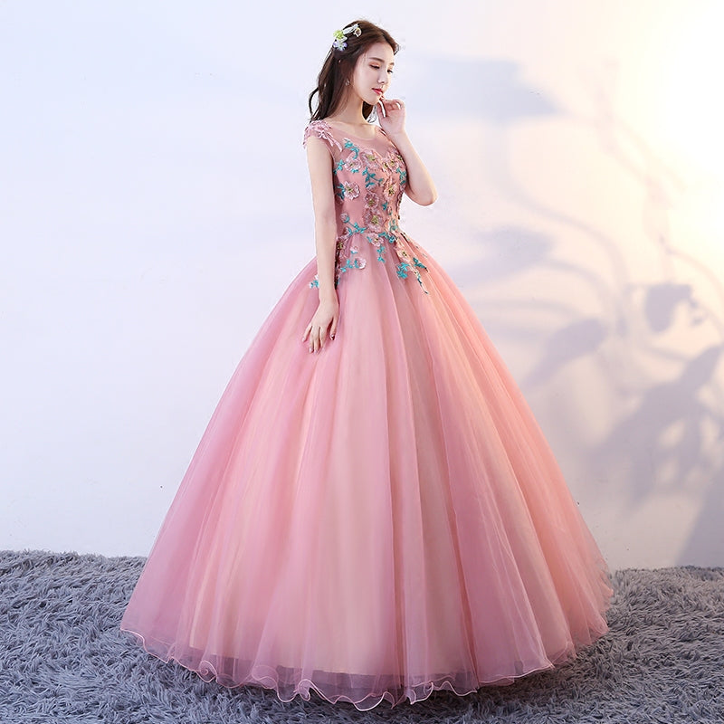 Pink tulle lace long ball gown dress formal dress 8765