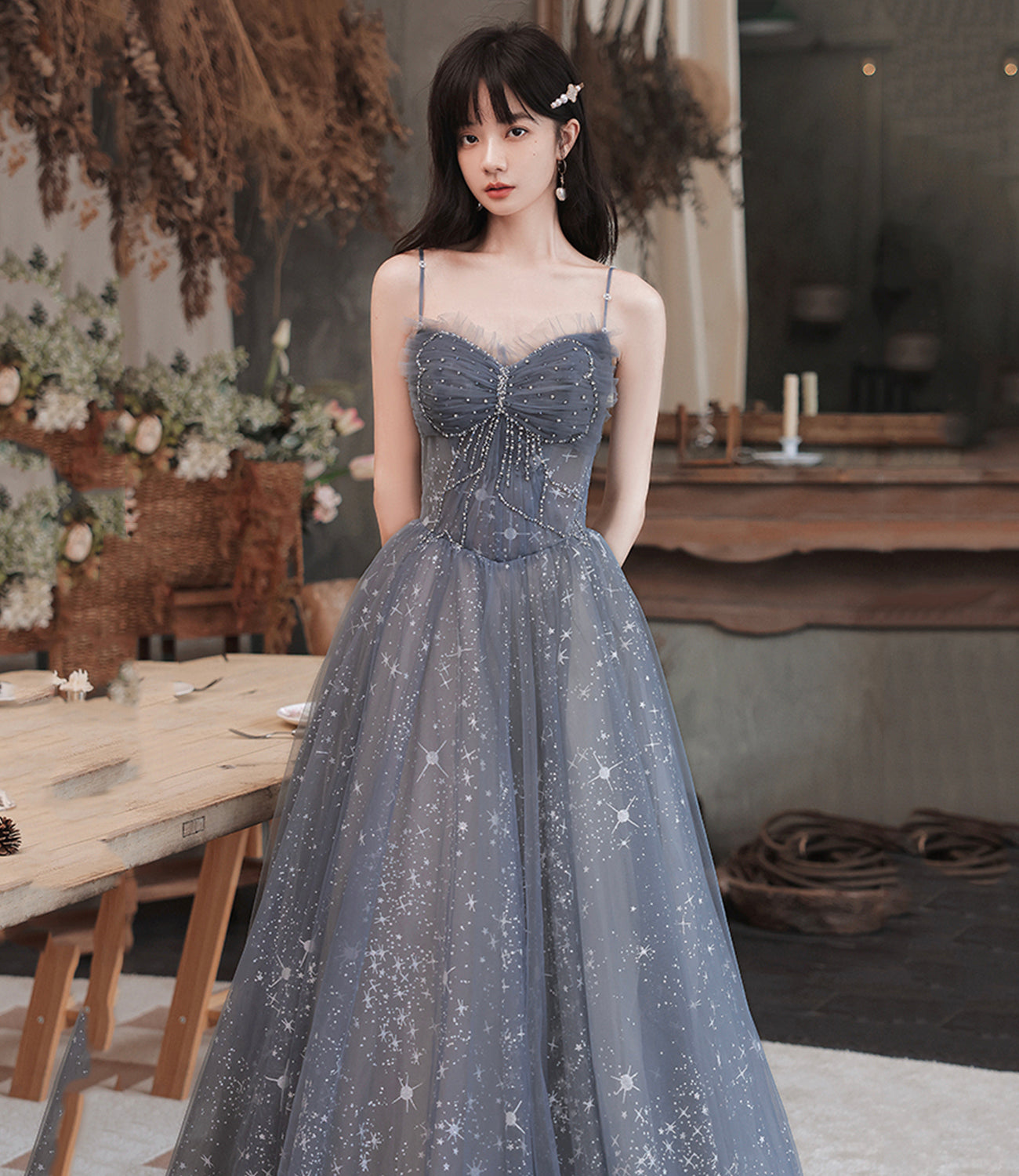 Gray tulle long prom dress A line evening dress 10489