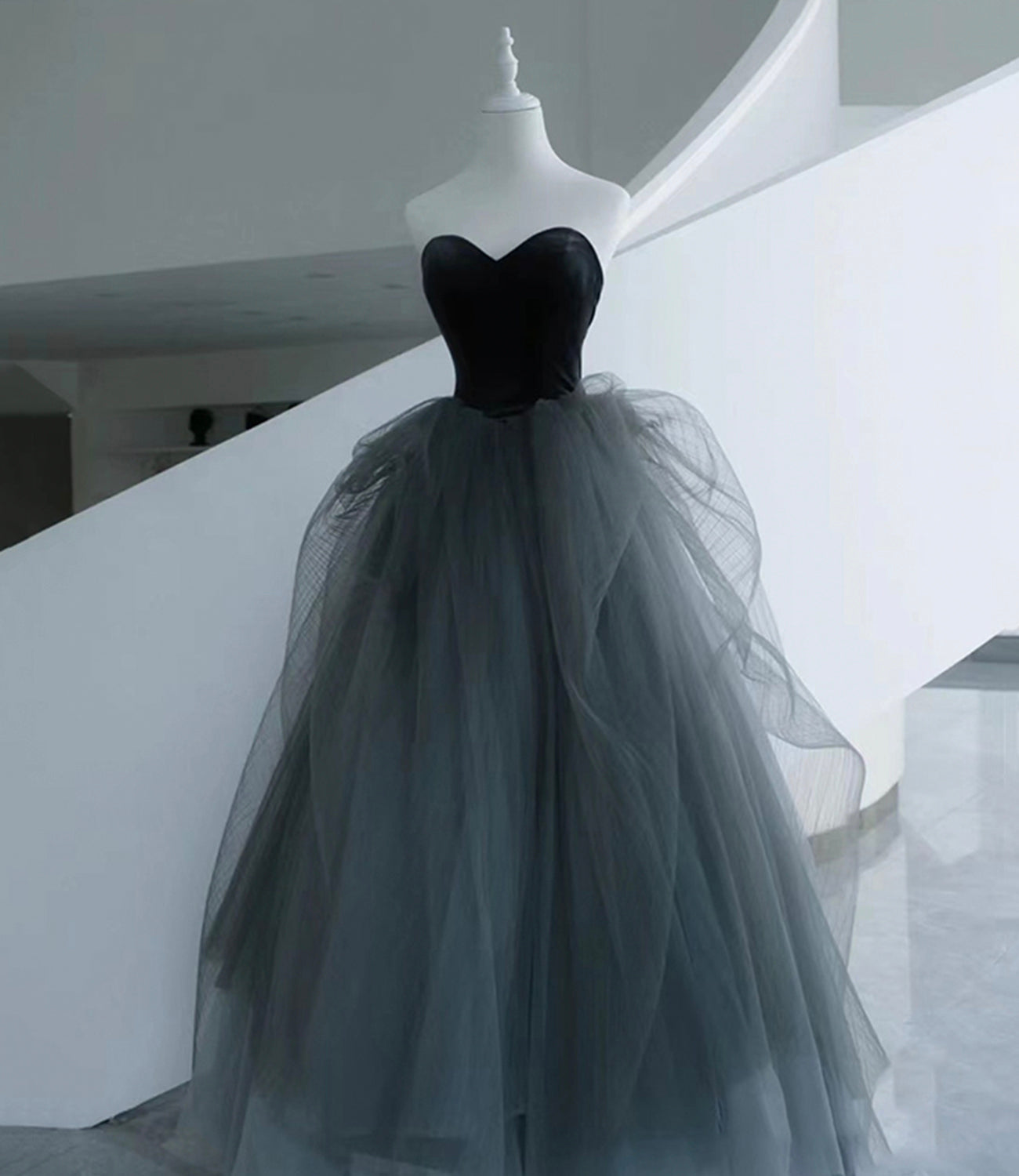 Black and gray tulle long prom dress A line evening dress 10517