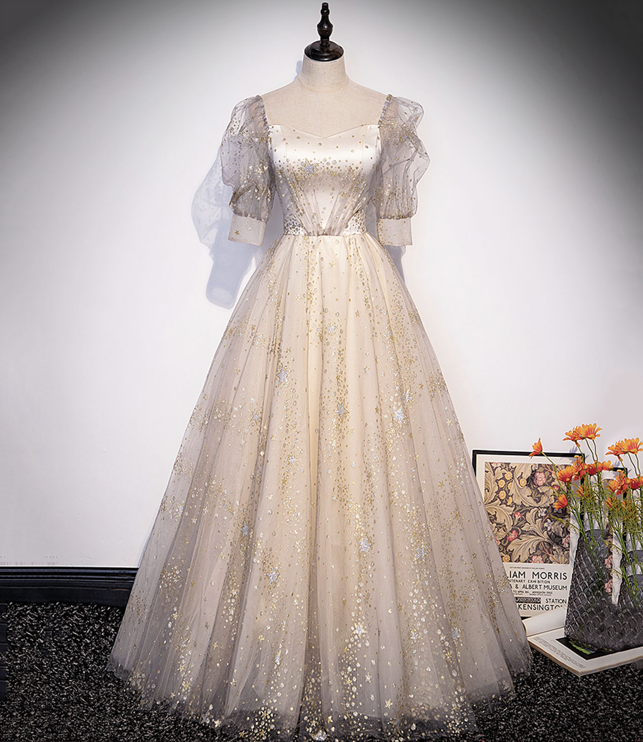 Champagne tulle sequins long prom dress A line evening gown 10327