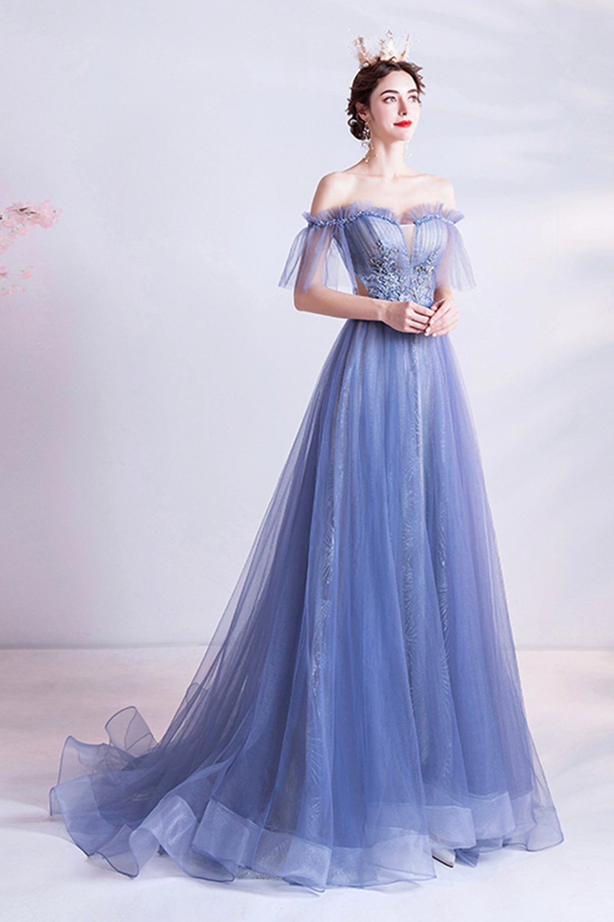 Blue tulle lace long A line prom dress evening dress 8670