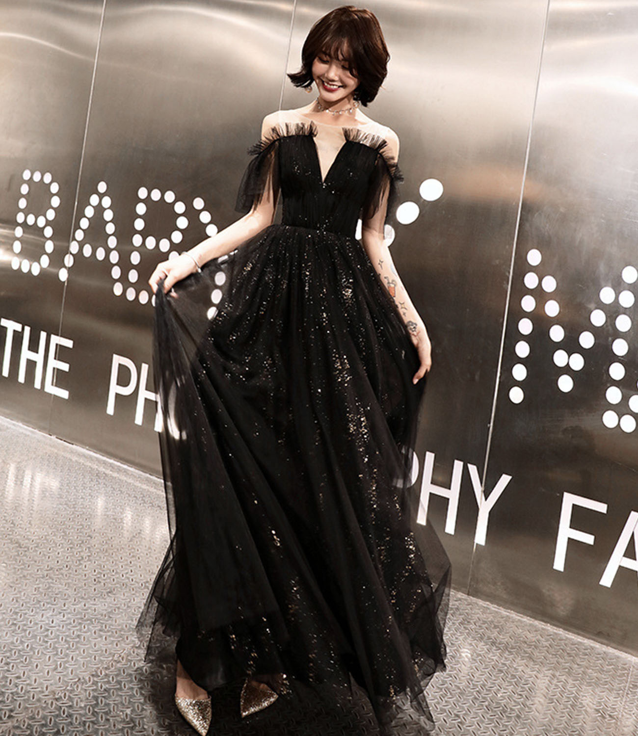 Black tulle long prom dress A line evening dress 10317