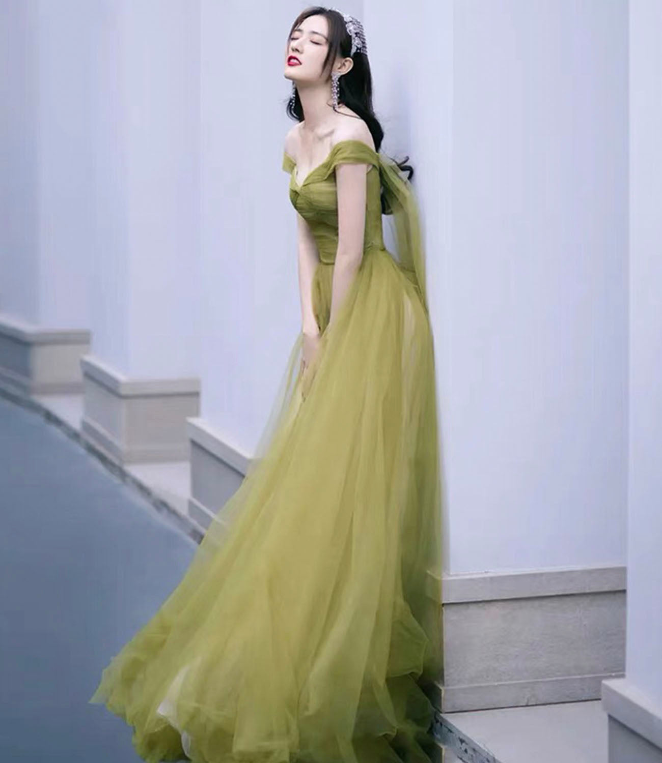 Cute tulle long prom dress A line evening gown 10337