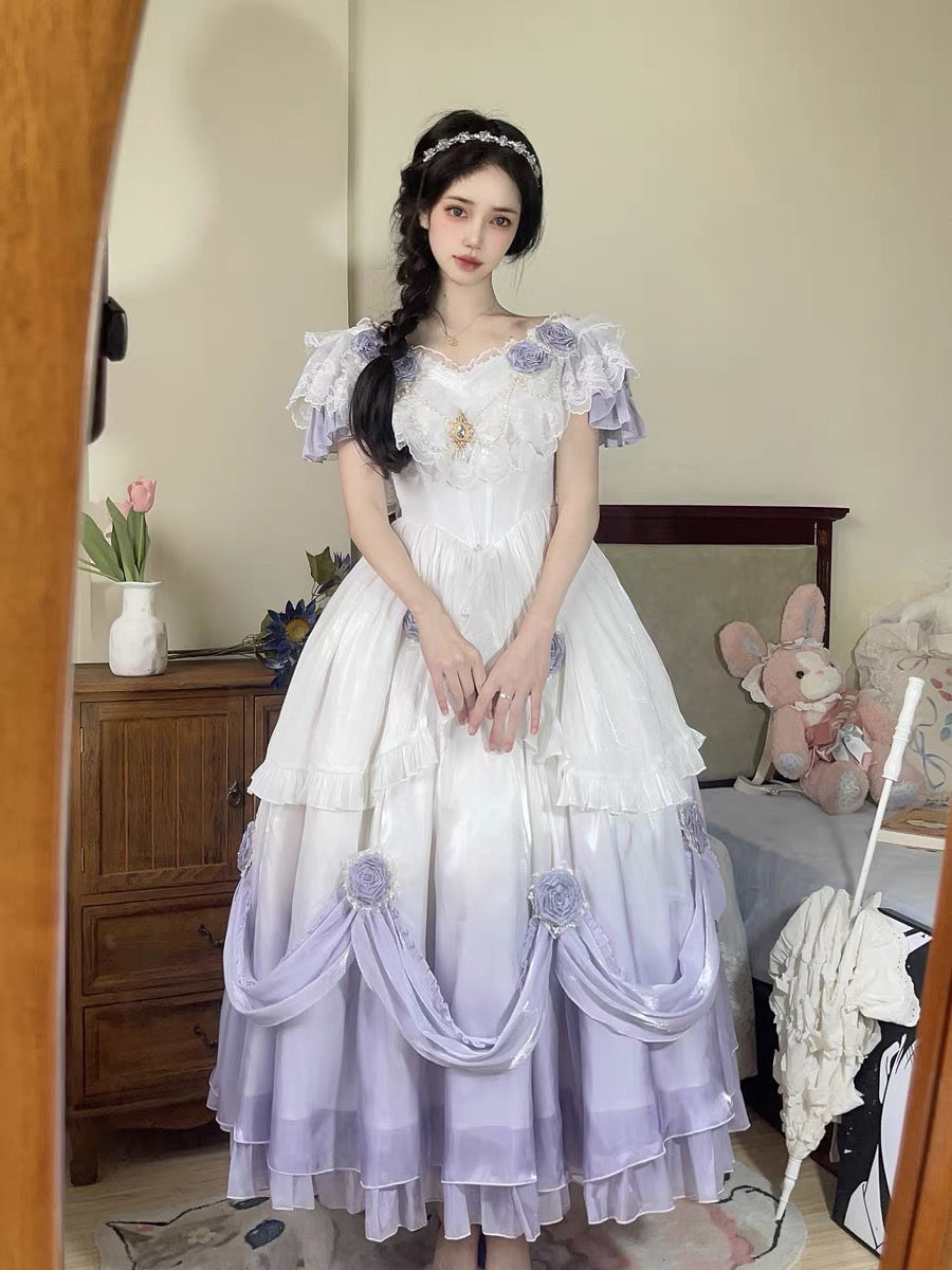 Vestido de fiesta vintage con hombros descubiertos y mangas cortas para 16 cumpleaños, color lila, estilo lolita de verano, para 18 cumpleaños, W1135