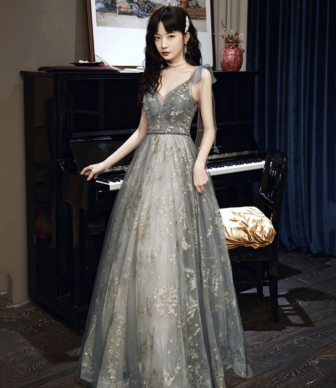 Gray tulle sequins A line prom dress gray evening dress 10433