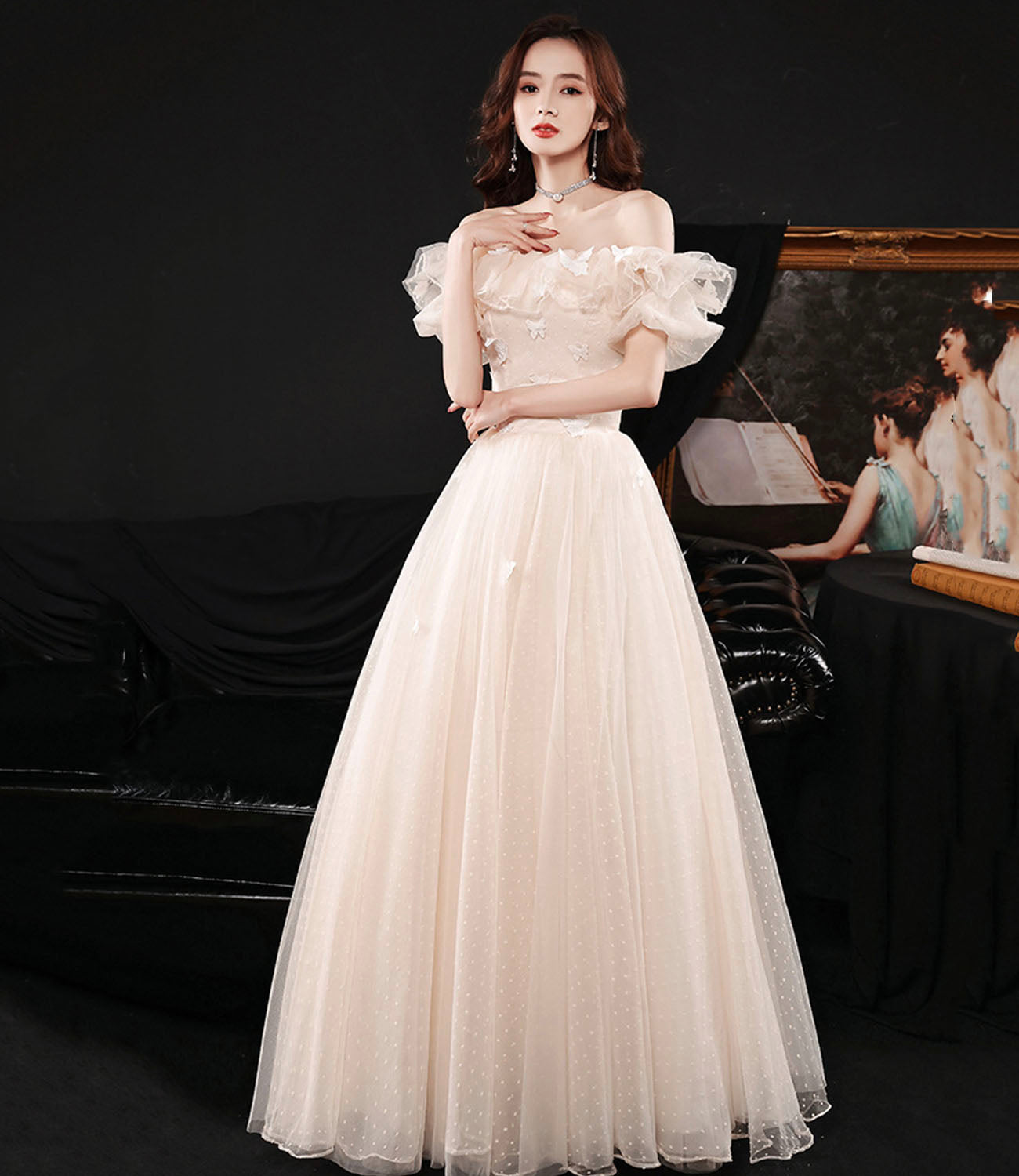 Champagne tulle long prom dress A line evening dress 10423