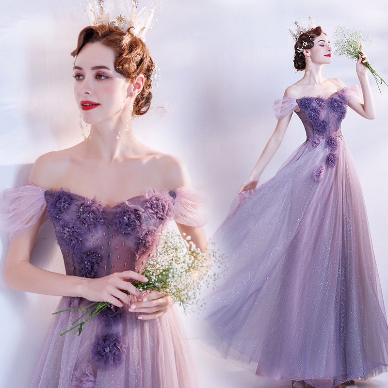 Purple tulle long A line prom dress evening dress 8740