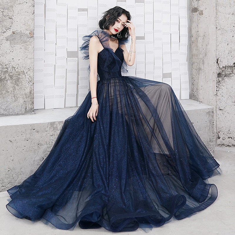 Blue tulle long prom dress blue evening dress 8226