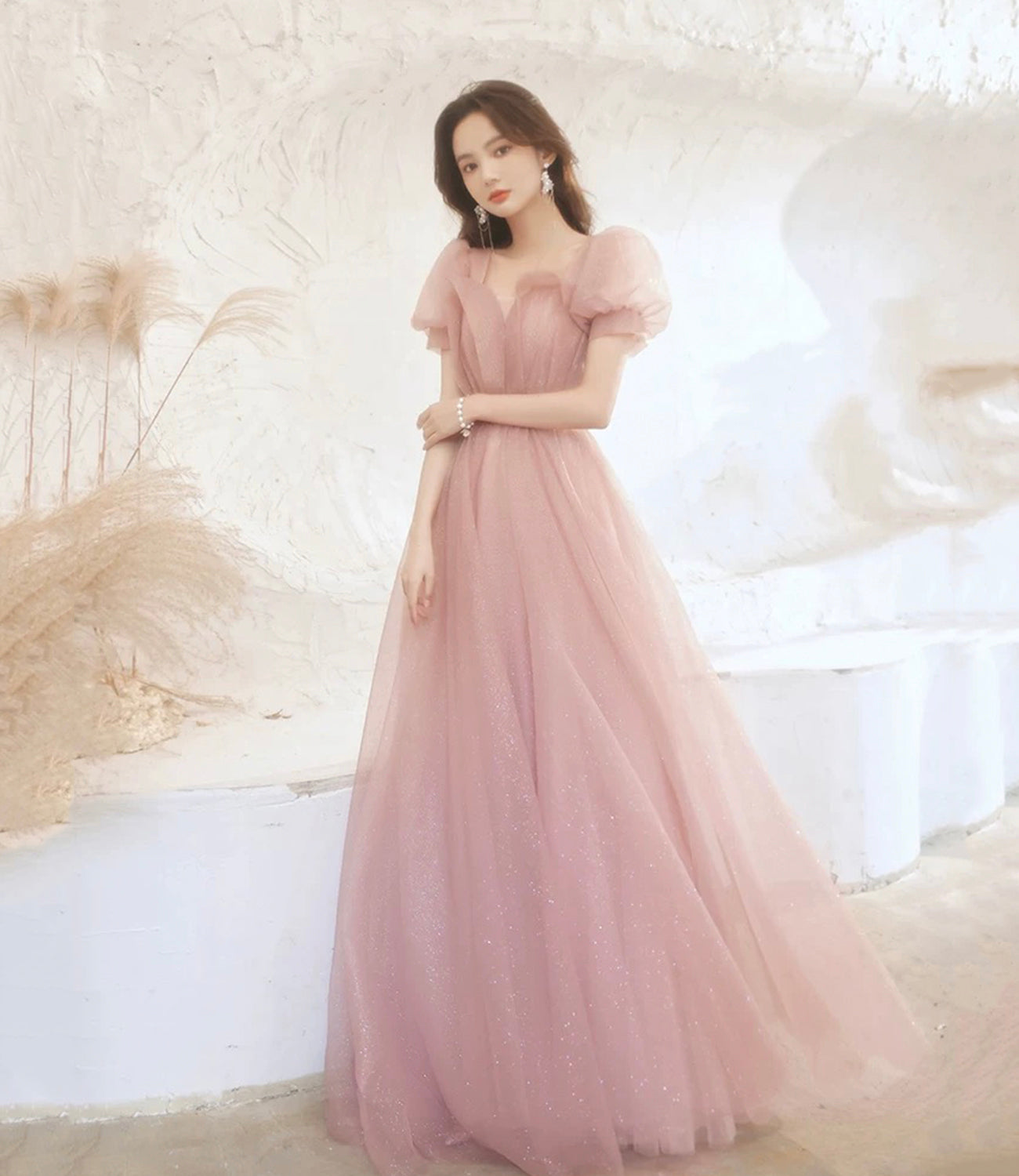 Cute tulle long prom dress pink A line evening dress 10524
