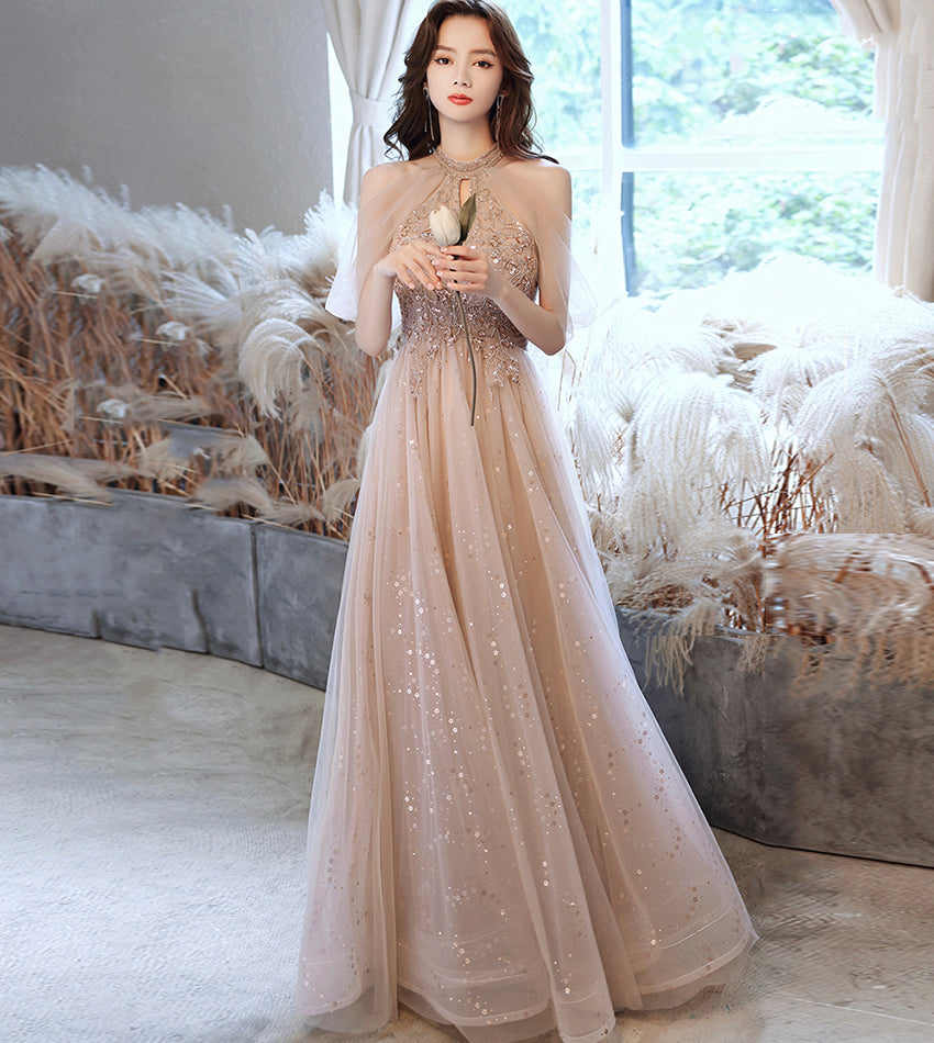 Elegant tulle beads long prom dress evening dress 8441