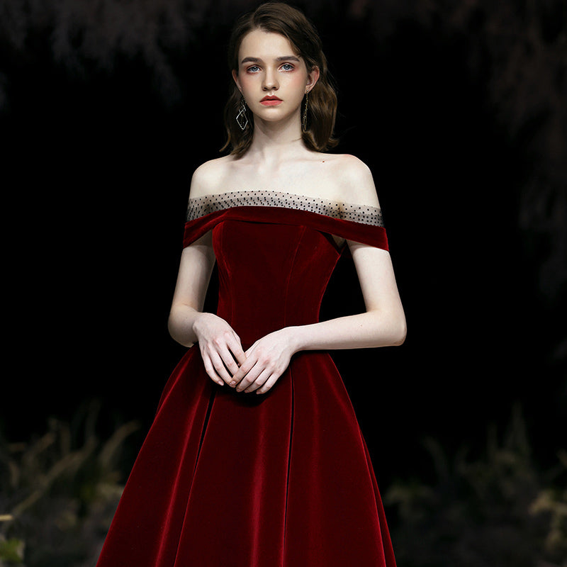 Burgundy velvet short prom dress party dress 8344