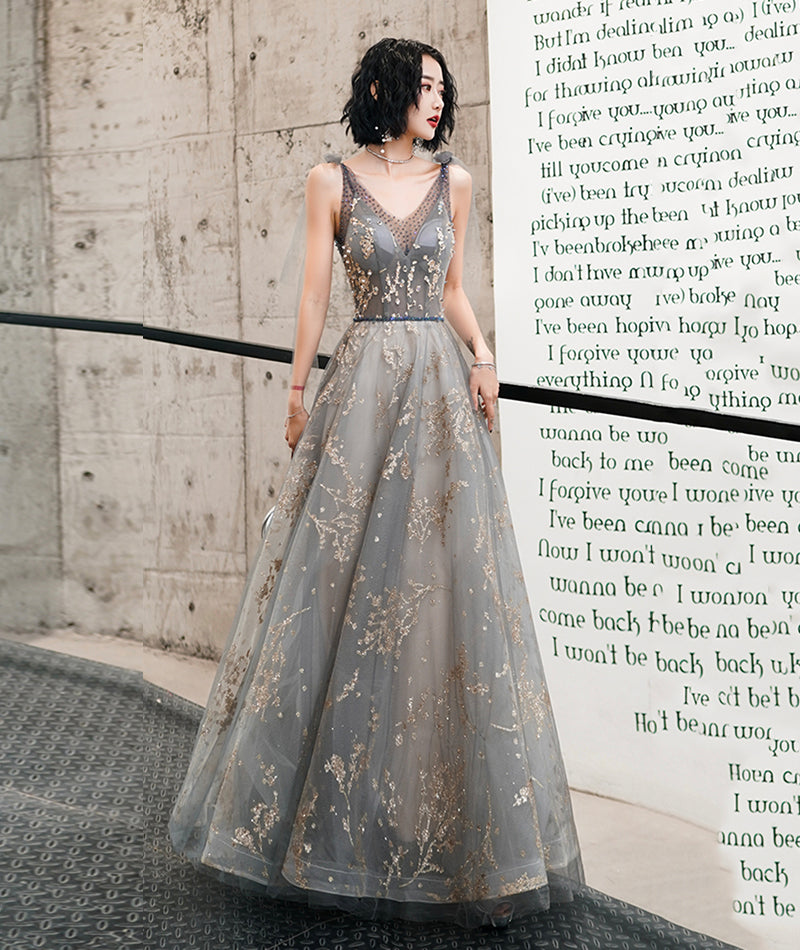 Gray Fashion Elegant V-neck Sequined Long Tulle Ball Gown Evening Dress Ball Gown 8490
