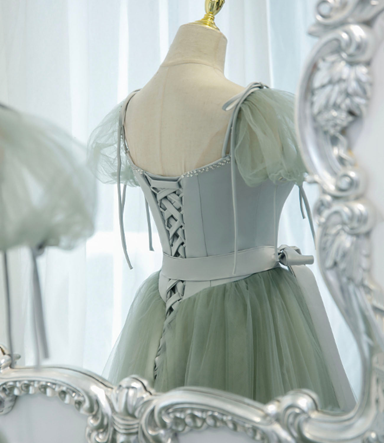 Green satin tulle long prom dress A line evening dress 10445